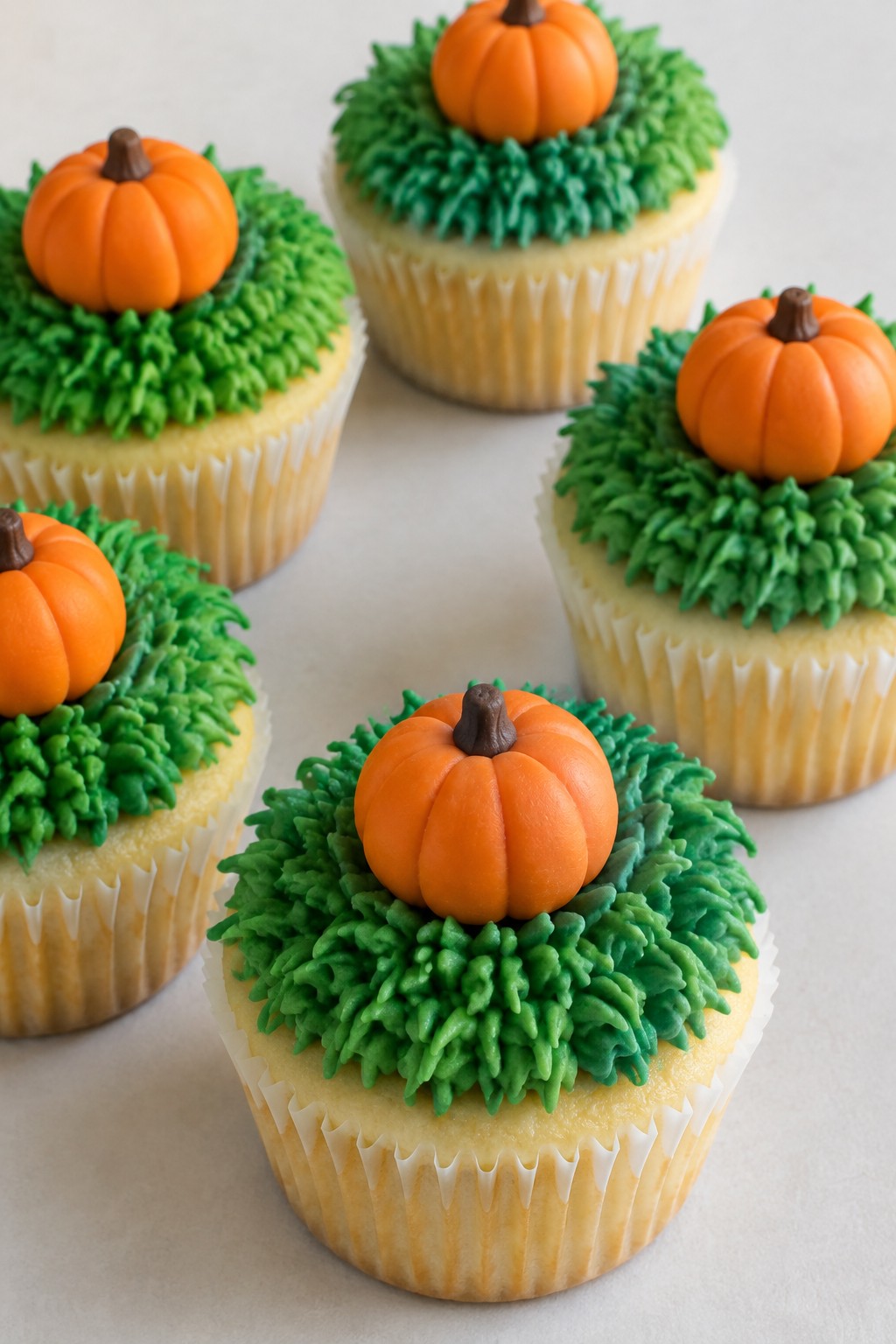 Pumpkin Patch Vanilla Cupcakes with Fondant Pumpkins