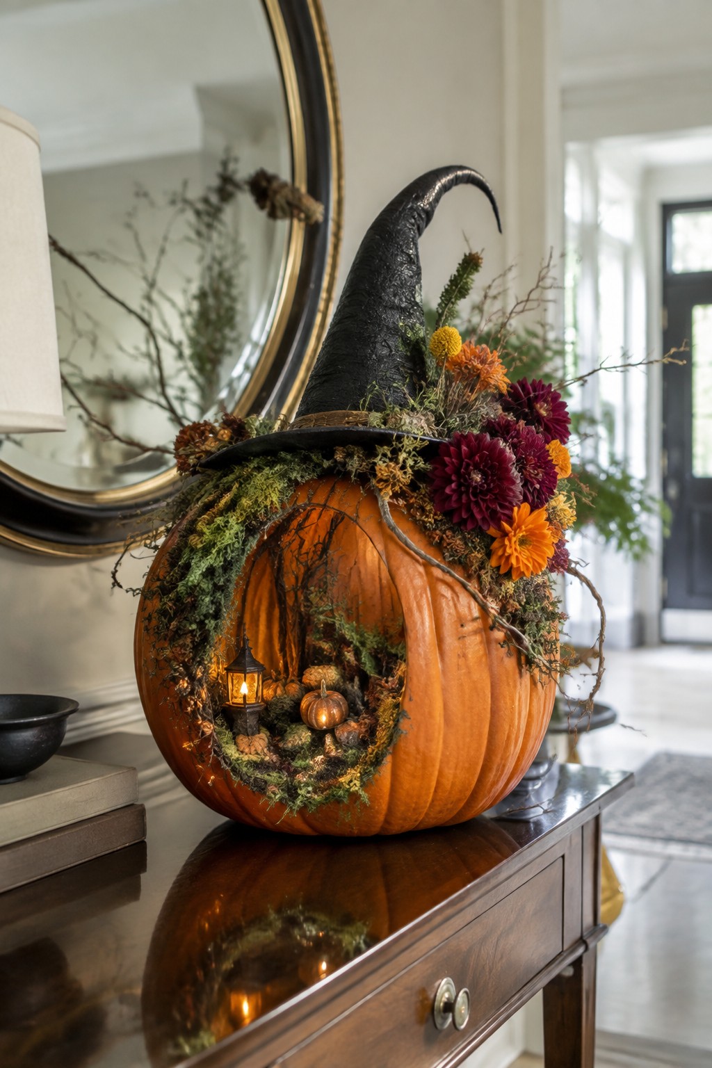 Large orange pumpkin on a wooden console with a black witch hat on top and a carved opening showing a miniature forest scene with a lantern and small pumpkins.