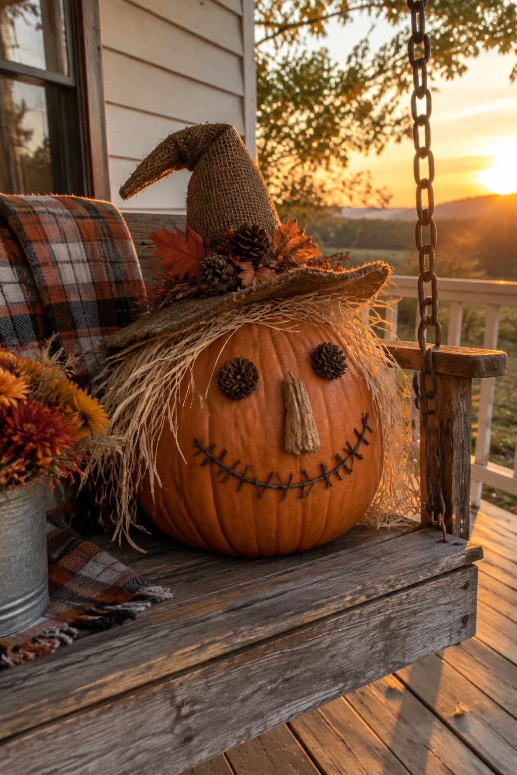 Scarecrow pumpkin with burlap hat and straw on wooden swing at autumn sunset