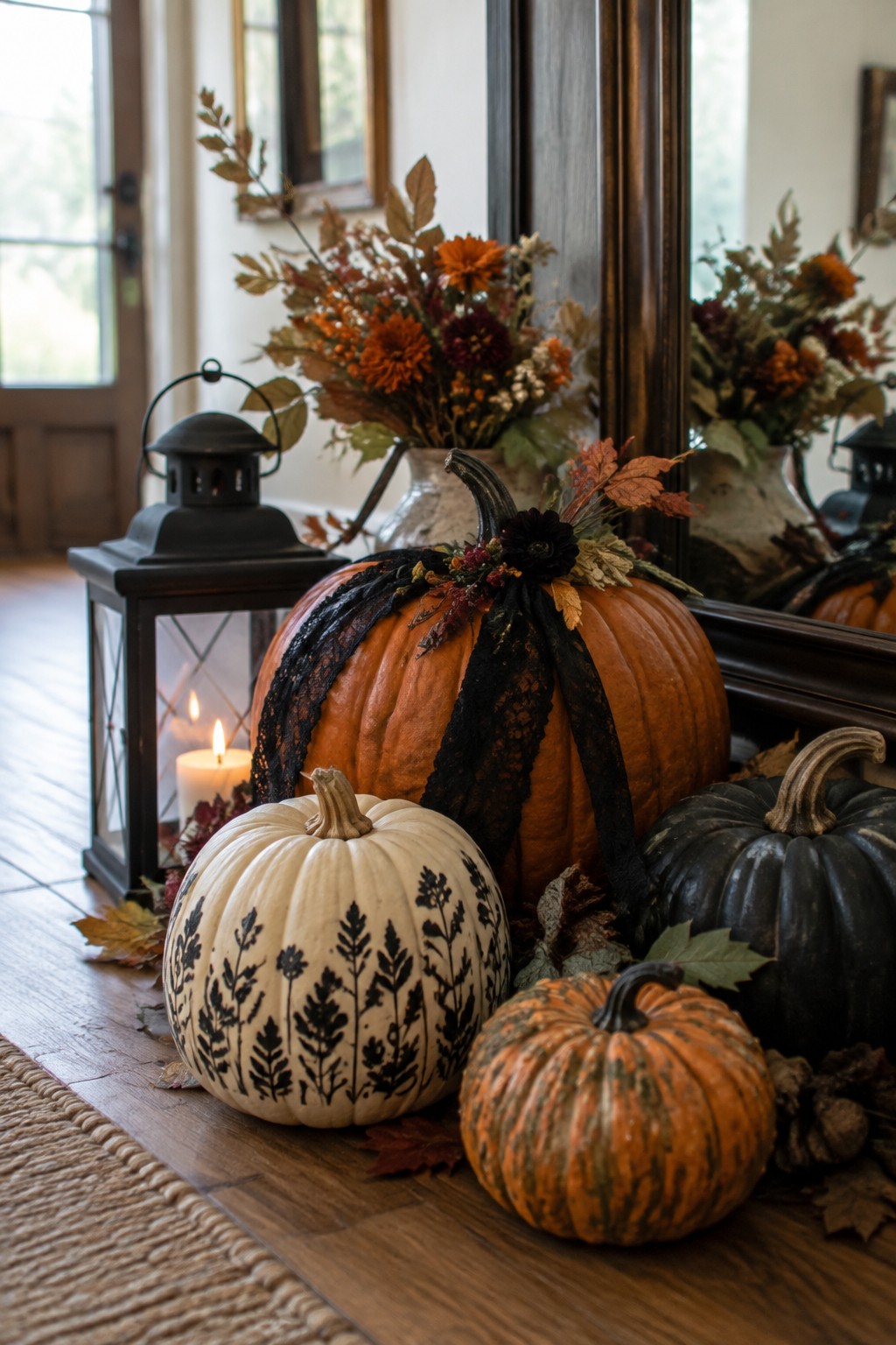Group of decorated pumpkins on a wooden floor, including one wrapped in black lace and another covered in black stenciled botanical patterns, next to a lit lantern.