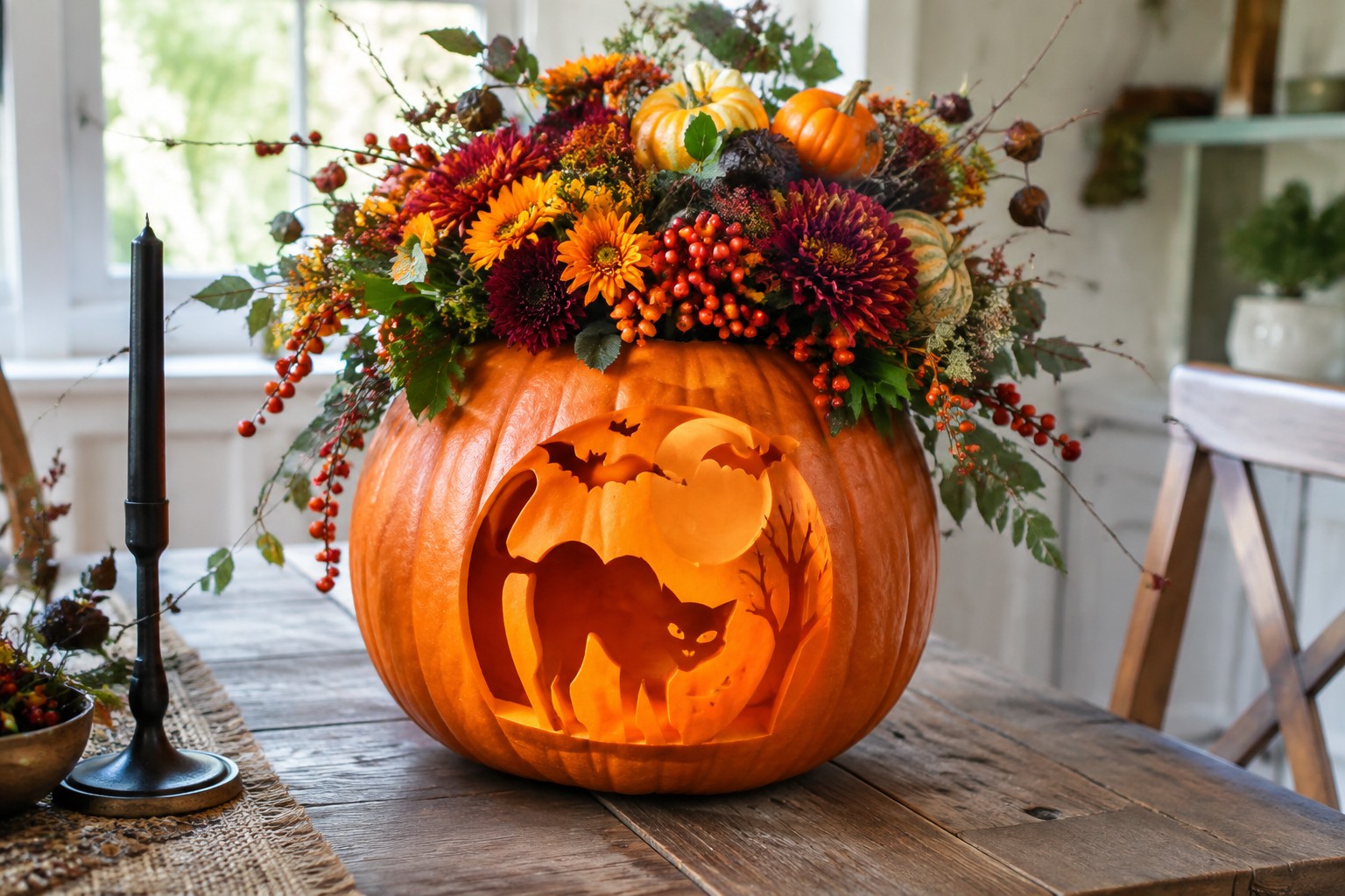 Carved pumpkin with tree and haunted house design overflowing with autumn flowers