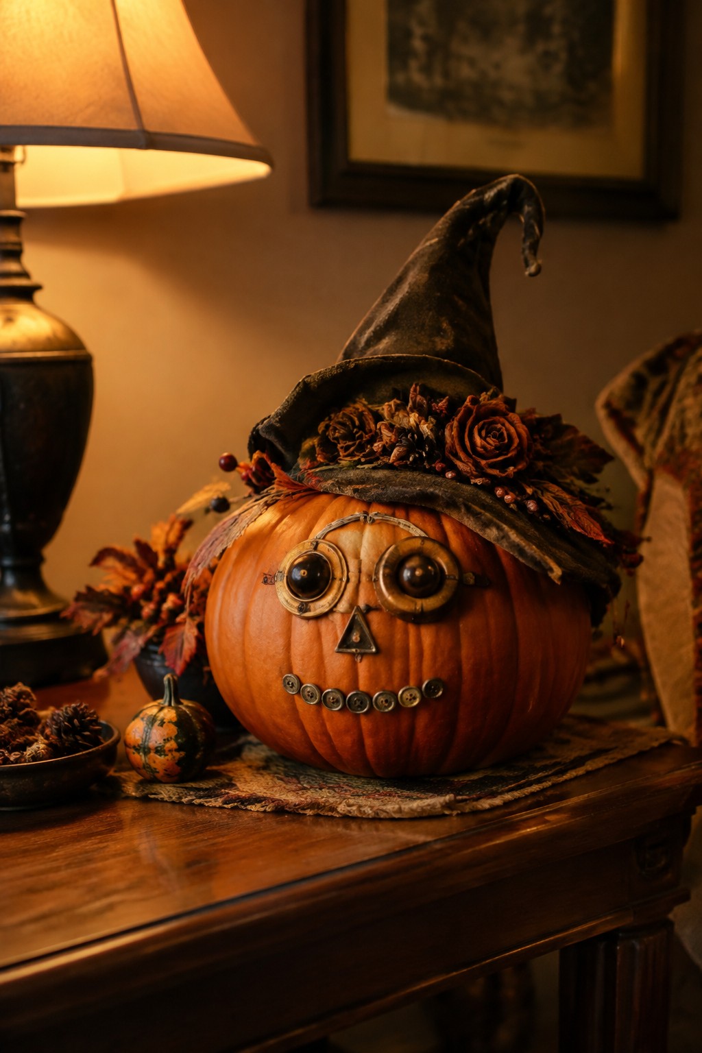 Pumpkin in witch hat with dried flowers, button mouth, and goggles on wooden table