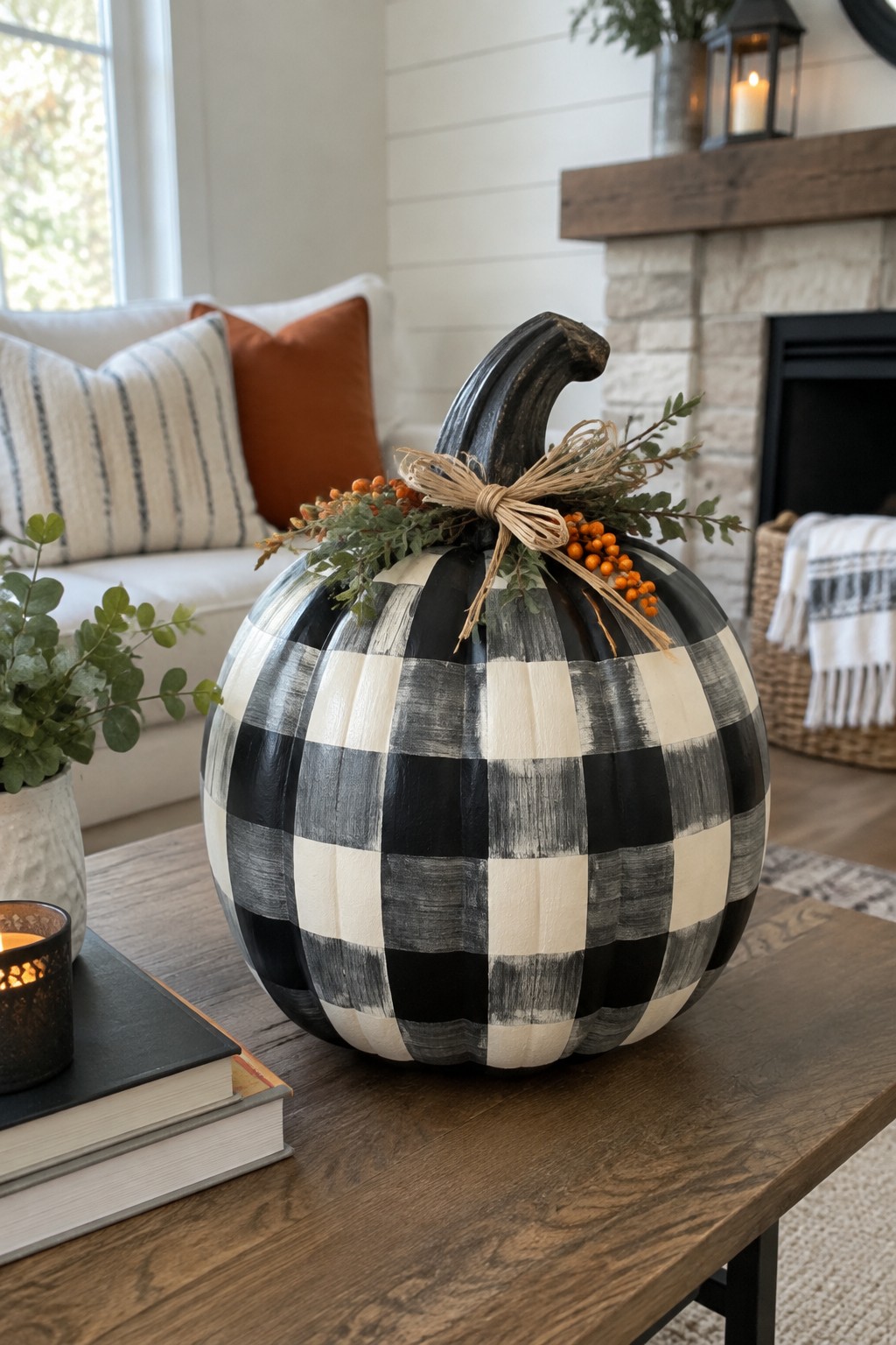 Black and white checkered pumpkin with berry bow on wooden table