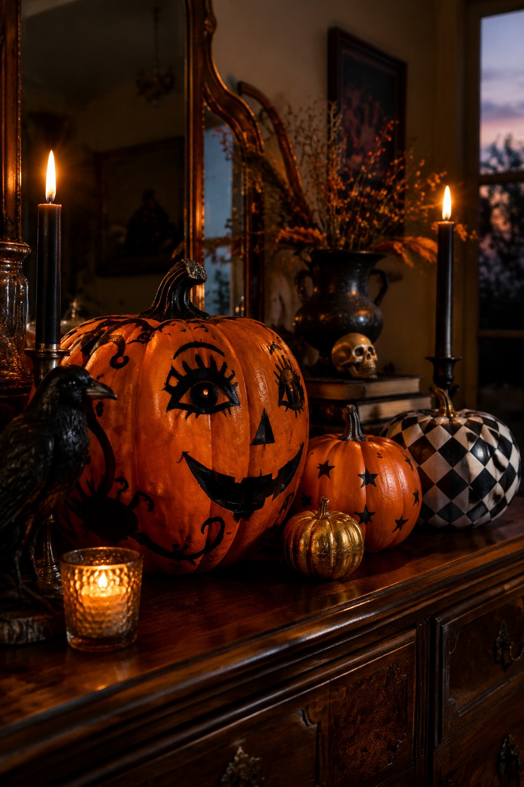 Halloween display with carved pumpkin, black bird, lit candles, and smaller gourds on wood.