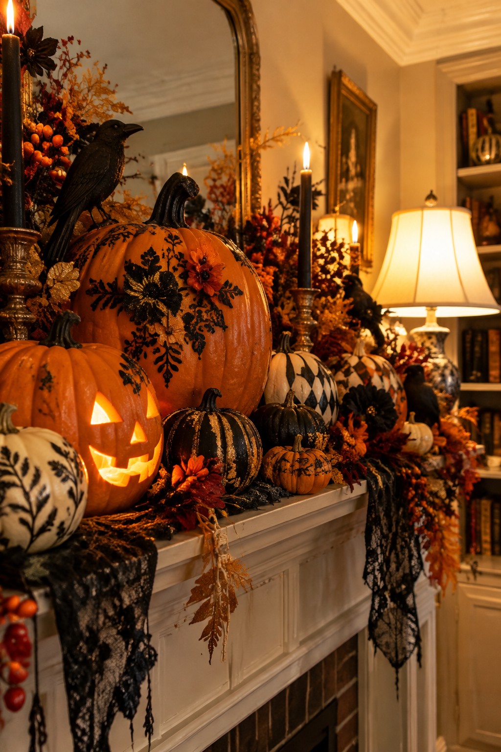 Fireplace mantel lined with carved and painted pumpkins, black crows, candles, and dark lace accents.