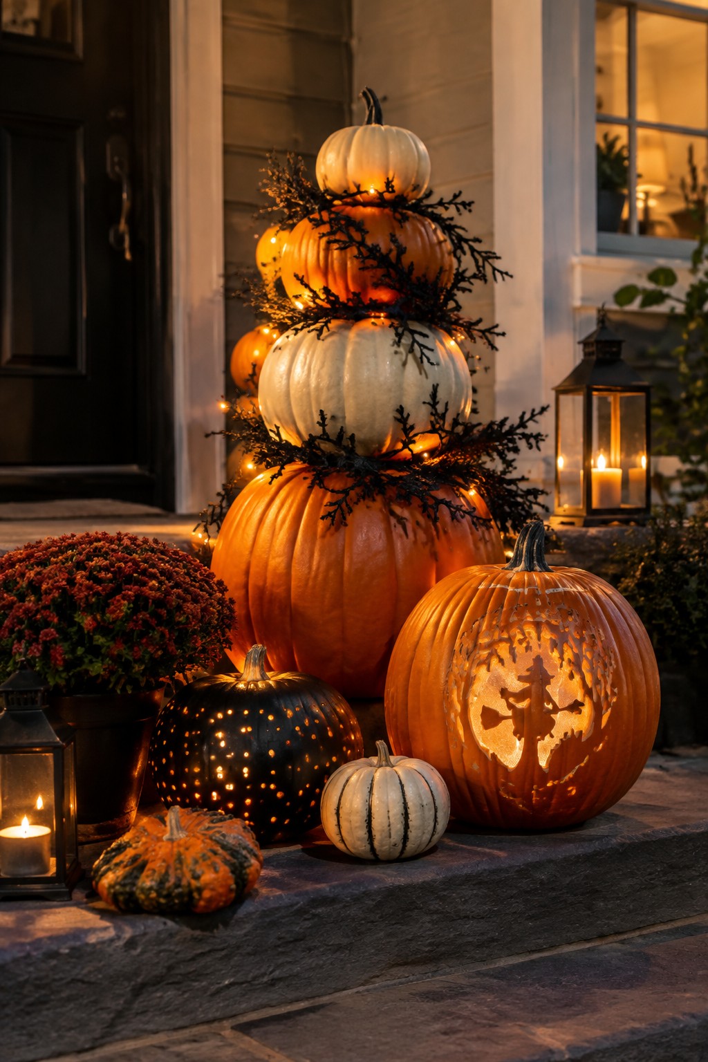 Stacked lit pumpkins with carved jack-o'-lantern, lanterns, and mums on stone steps