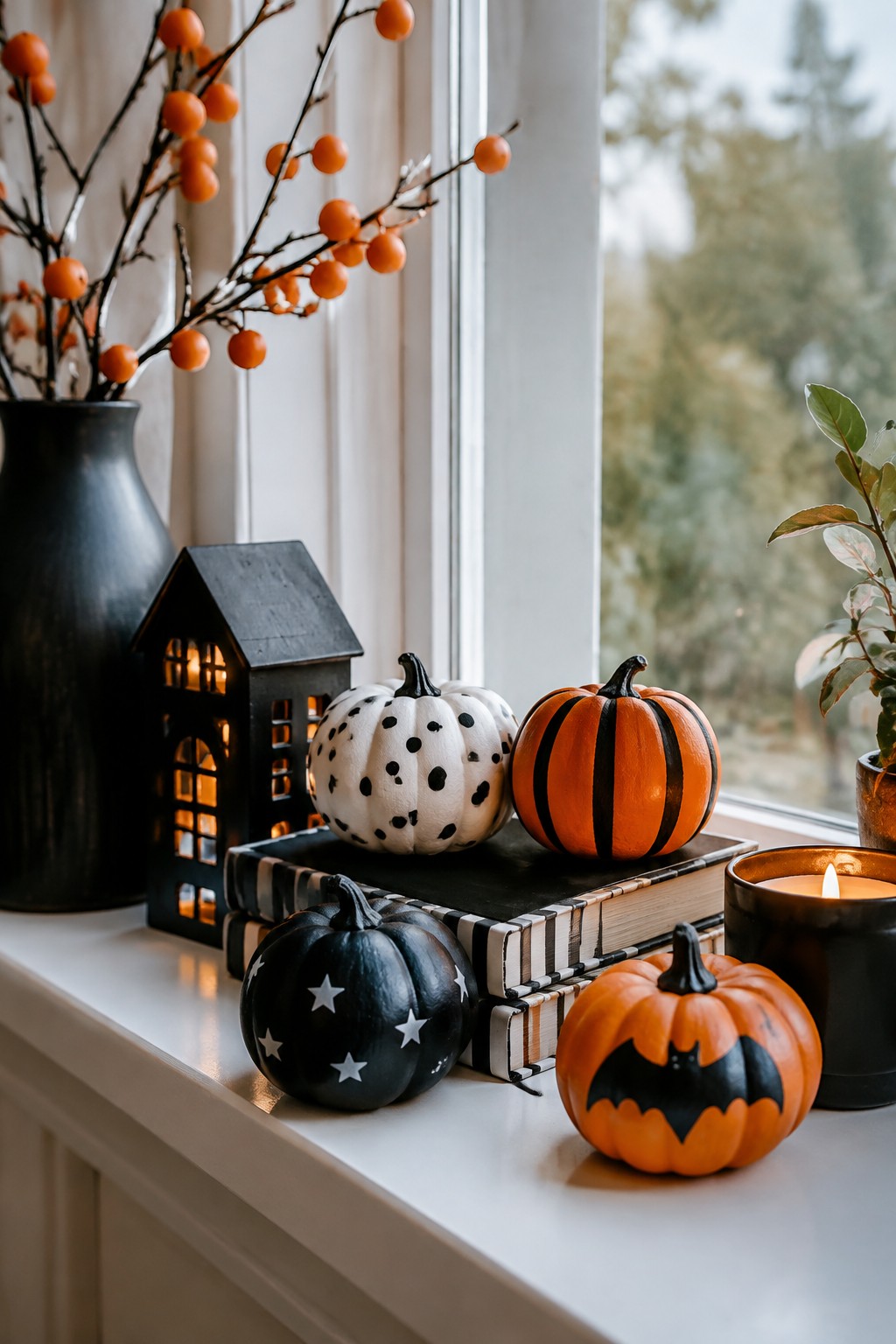 Halloween windowsill with painted pumpkins, black lantern, books, and lit candle.