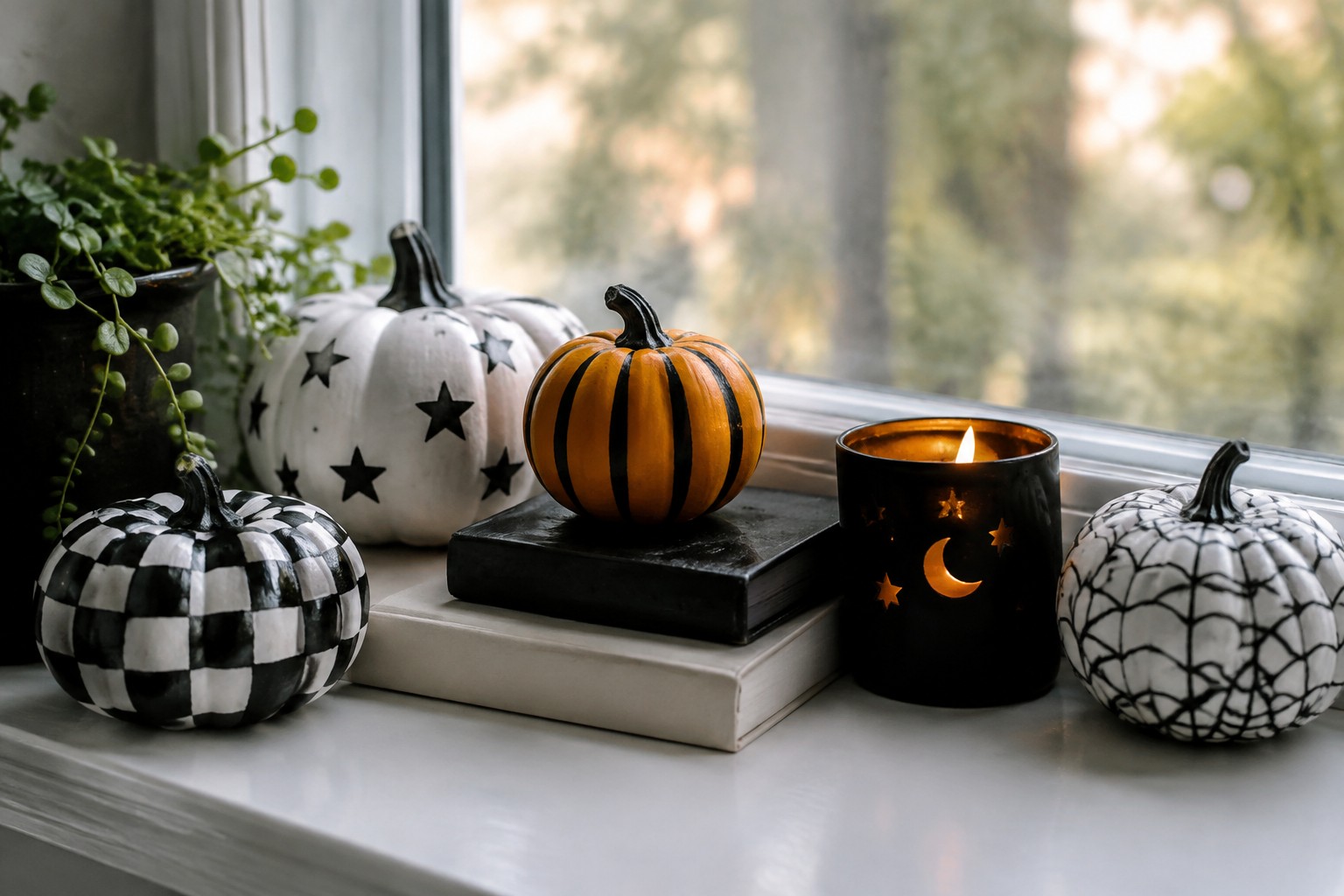 Halloween windowsill with painted pumpkins, black lantern, books, and lit candle.
