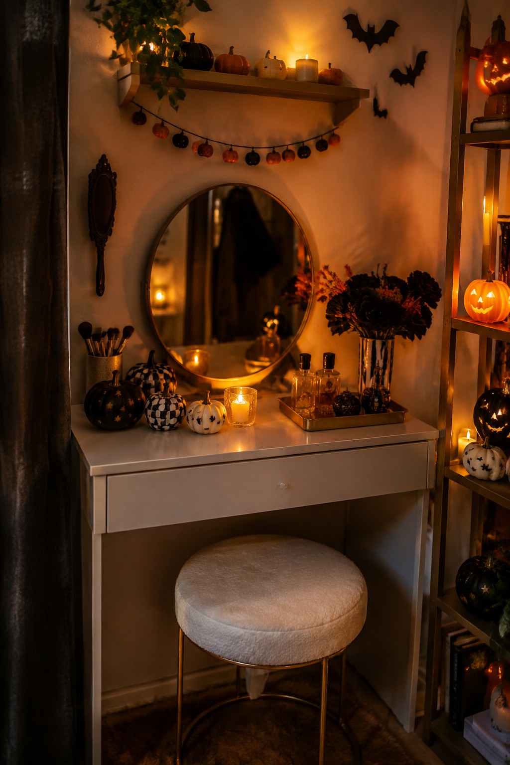 White vanity with round mirror, fluffy stool, lit candles, and Halloween pumpkins.