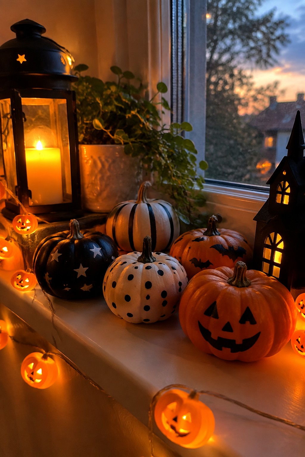 A windowsill lined with painted mini pumpkins in orange, black, and white patterns, some with jack-o-lantern faces, next to pumpkin string lights and a black lantern.