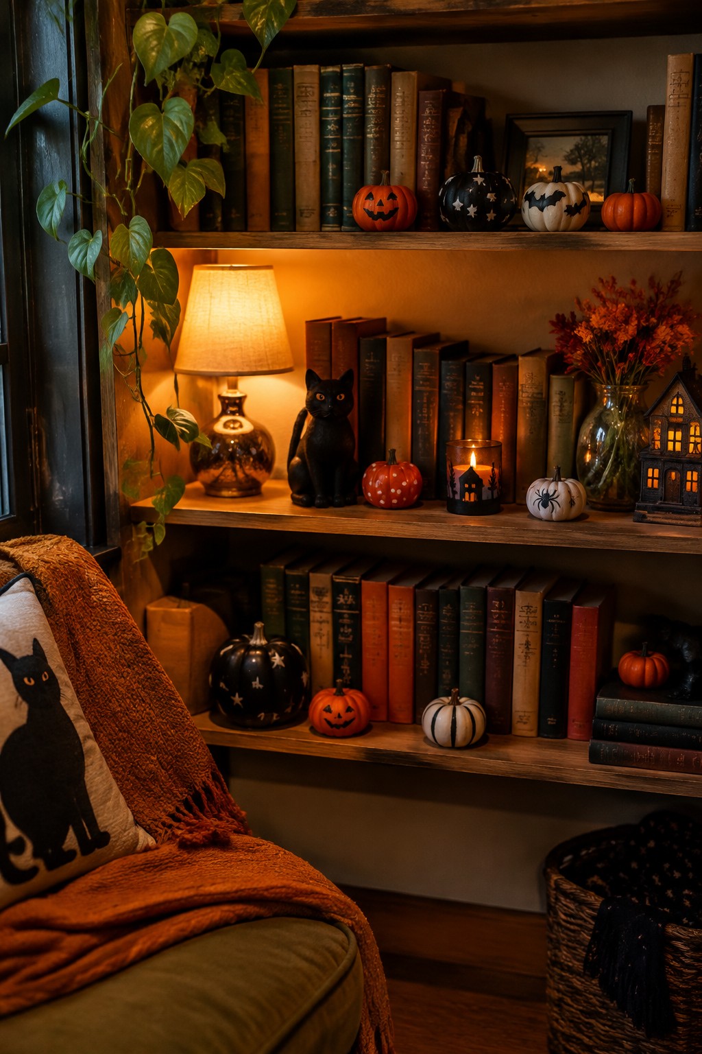 Wooden built-in shelves holding rows of painted mini pumpkins in Halloween designs next to old books and a black cat figurine.