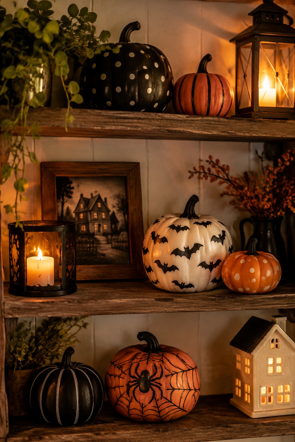 Cozy Halloween shelves with painted pumpkins, glowing lanterns, and autumn decorations.
