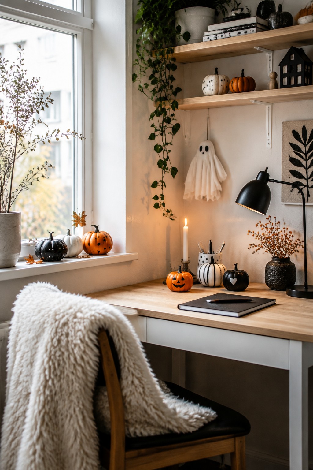 Small wooden desk with several painted mini pumpkins in black, white, and orange patterns, a lit candle, and a hanging white ghost decoration near a window.