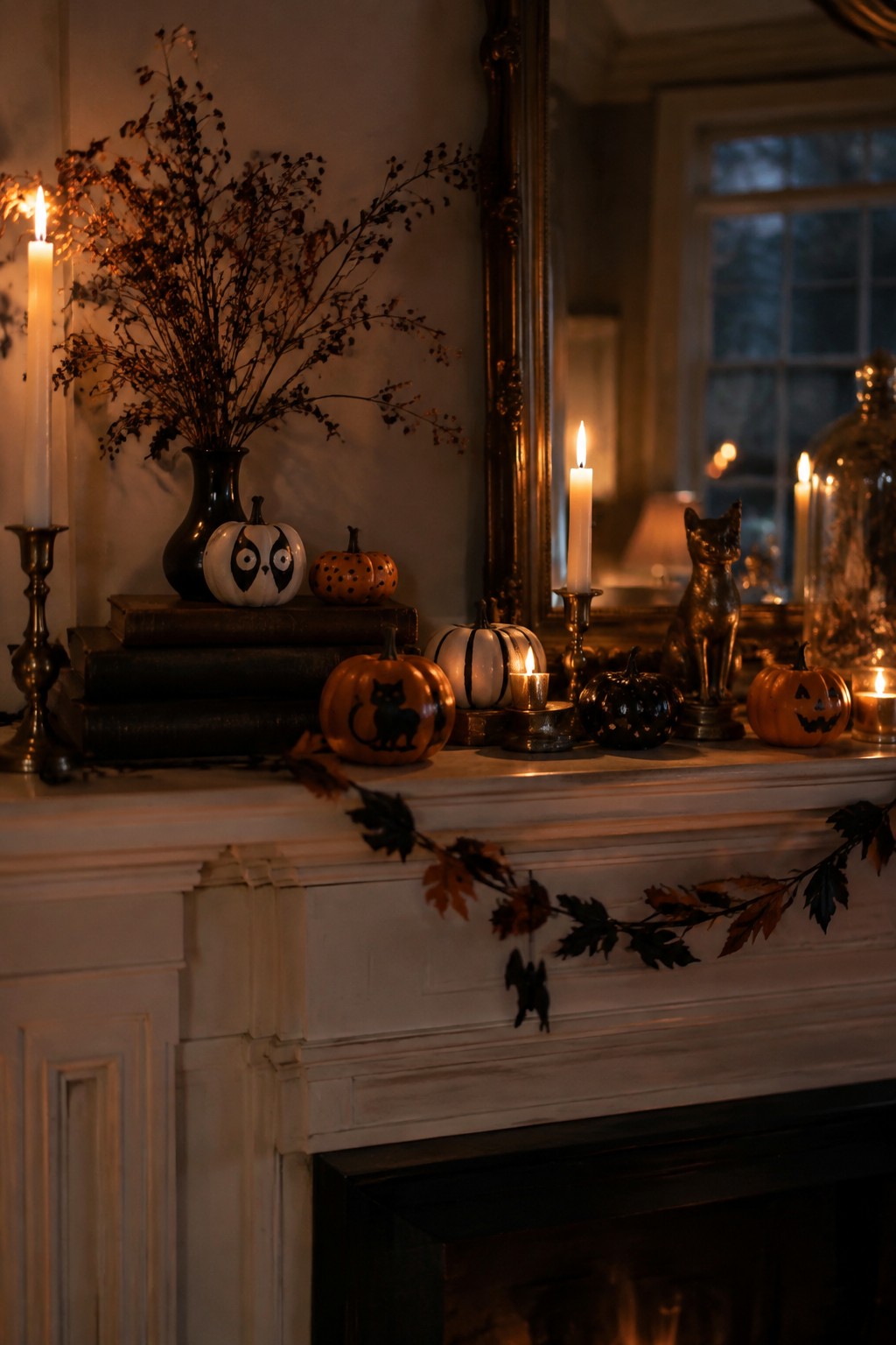 White mantel decorated with multiple painted mini pumpkins featuring cat, owl, and jack o lantern designs along with candles and dried foliage.