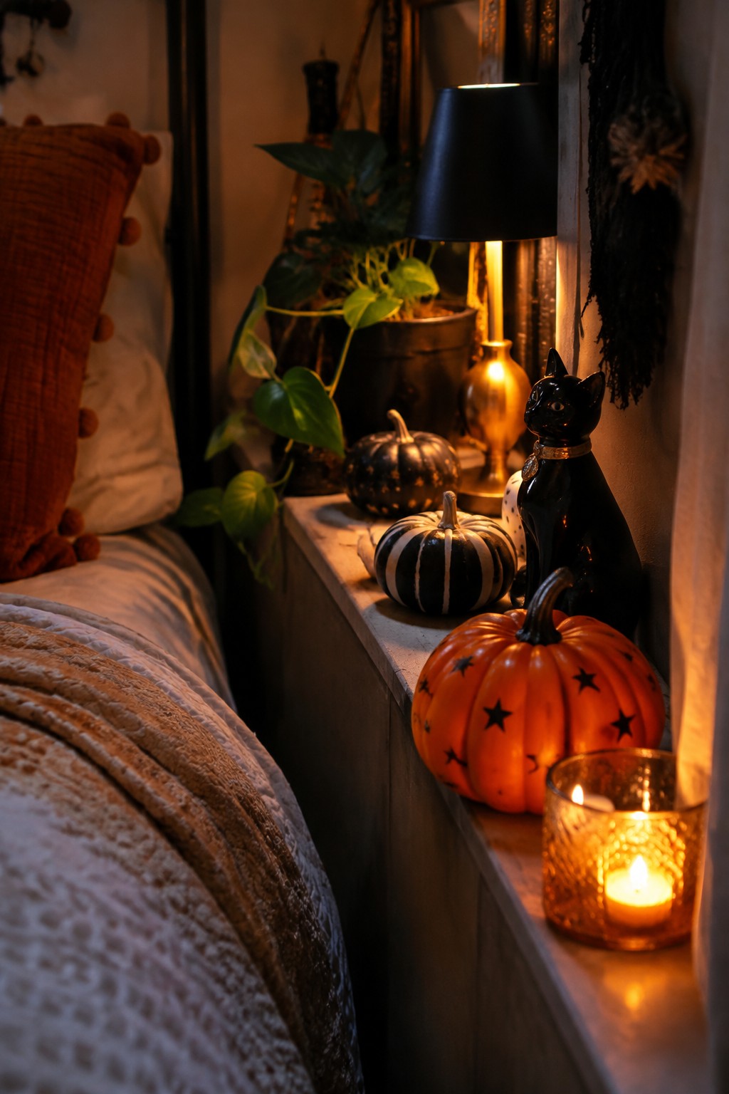 Painted mini pumpkins lined up on a narrow bedroom ledge next to a black cat figurine and a lit candle.