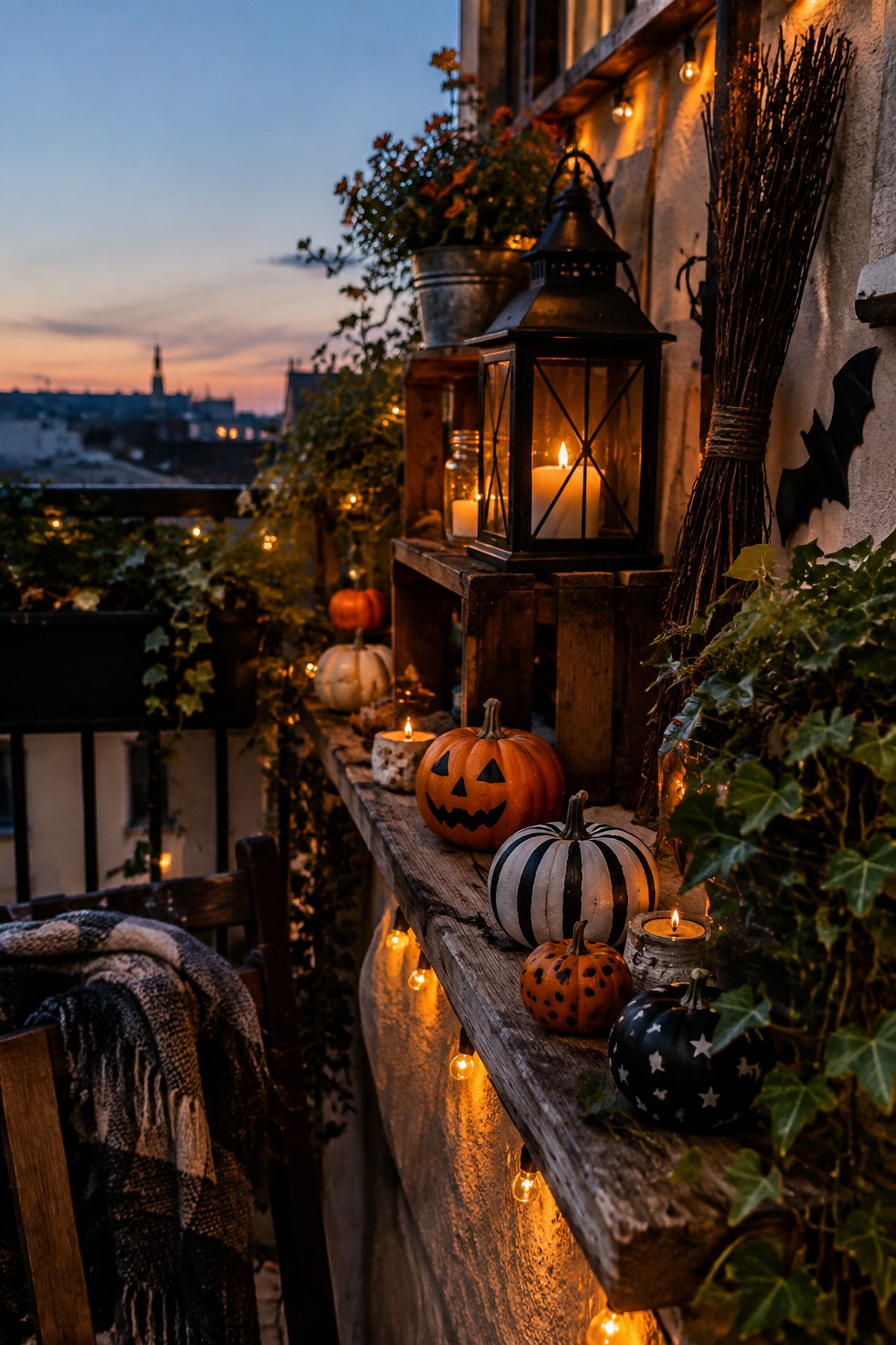 Wooden balcony ledge decorated with several mini pumpkins painted in jack-o'-lantern faces, stripes, polka dots, and stars, along with string lights and lanterns.