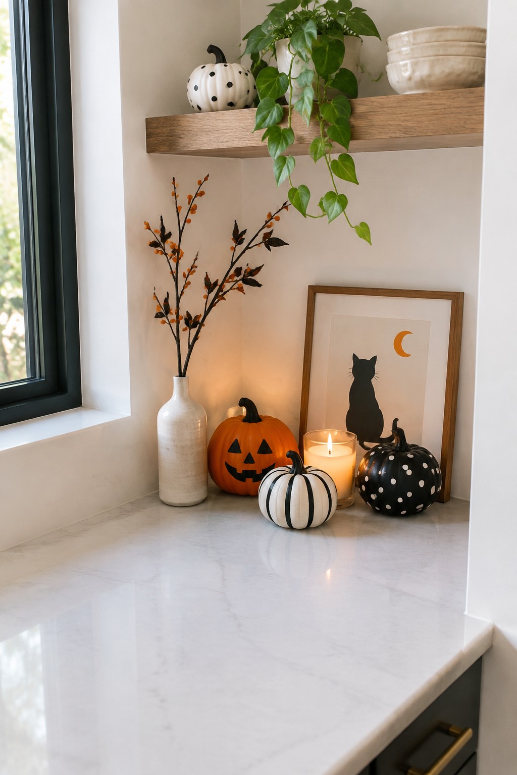 Painted mini pumpkins with jack o lantern face, stripes, and polka dots arranged on a marble countertop beside a lit candle and cat print.
