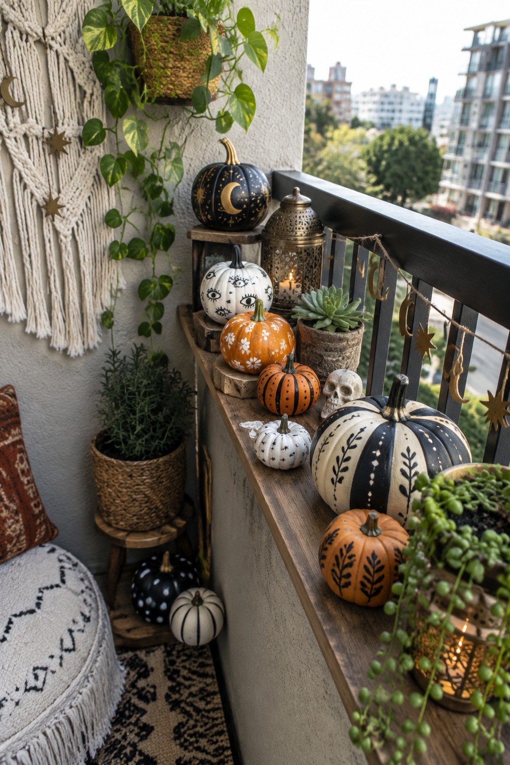 Small balcony ledge lined with painted mini pumpkins featuring moons, eyes, stripes, and leaves, plus a small skull and potted plants.