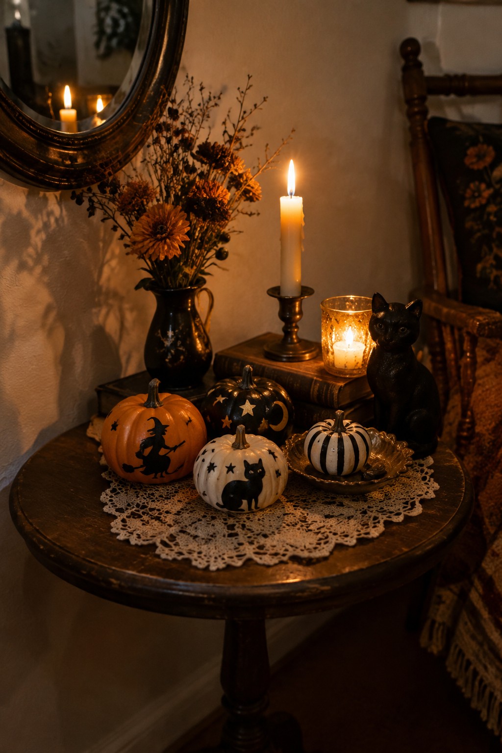Wooden table with painted Halloween pumpkins, lit candles, black cat figurine, and flowers