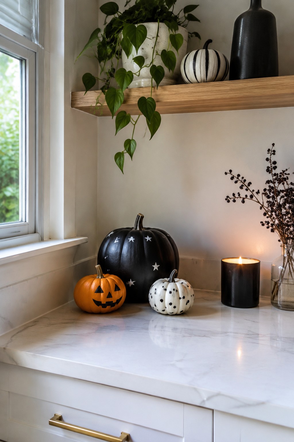 Kitchen counter with three painted mini pumpkins including a black one with white stars, a white one with black dots, and an orange jack-o'-lantern beside a lit black candle.