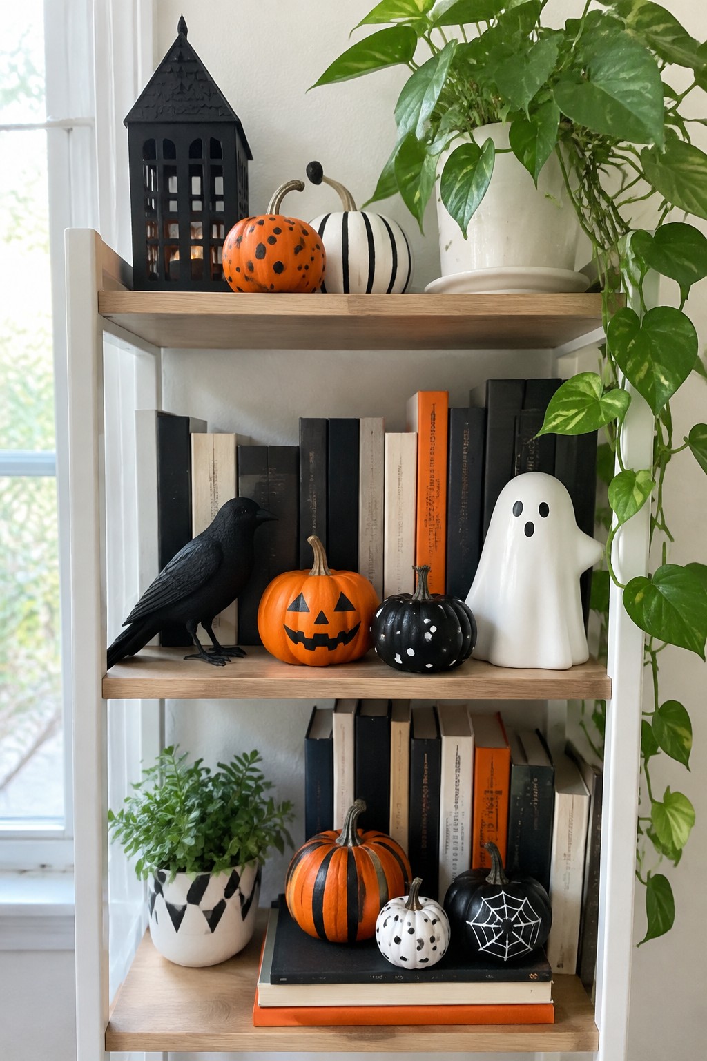 Wooden bookshelf with several painted mini pumpkins in orange, black, and white, plus a black crow and white ghost figurine.