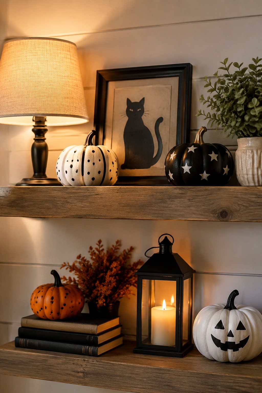 Wooden shelves holding painted mini pumpkins with polka dots, stars, and a jack o lantern face next to a lit black lantern and stacked books.