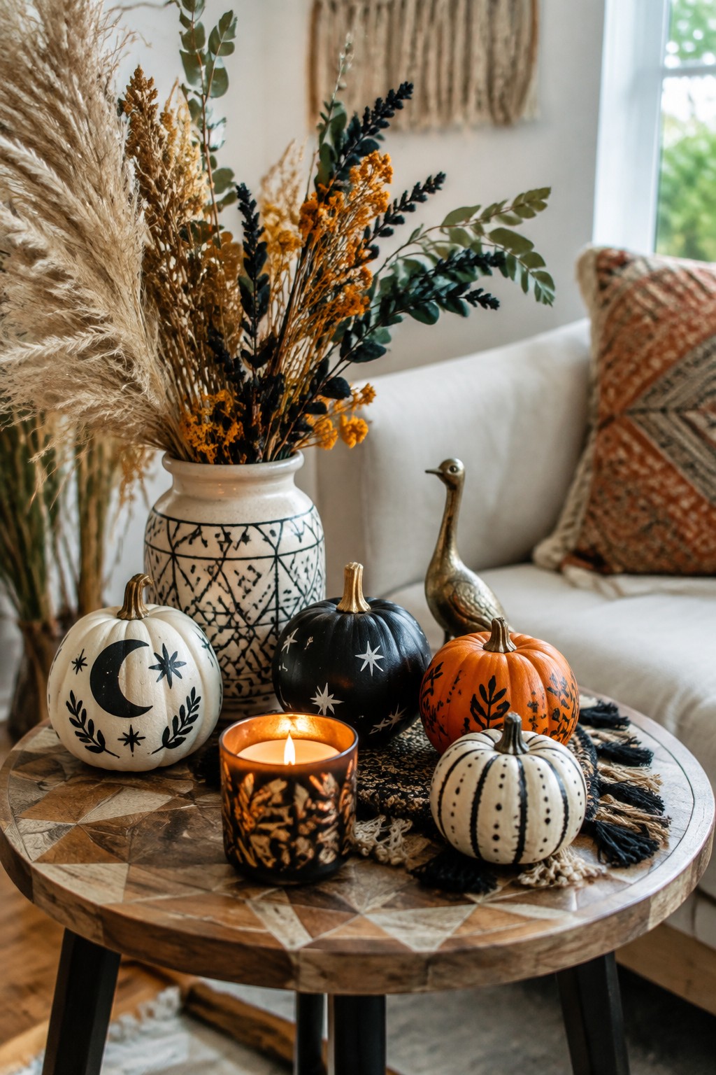Small round table holding four painted mini pumpkins with moon, star, and leaf designs alongside a lit candle.