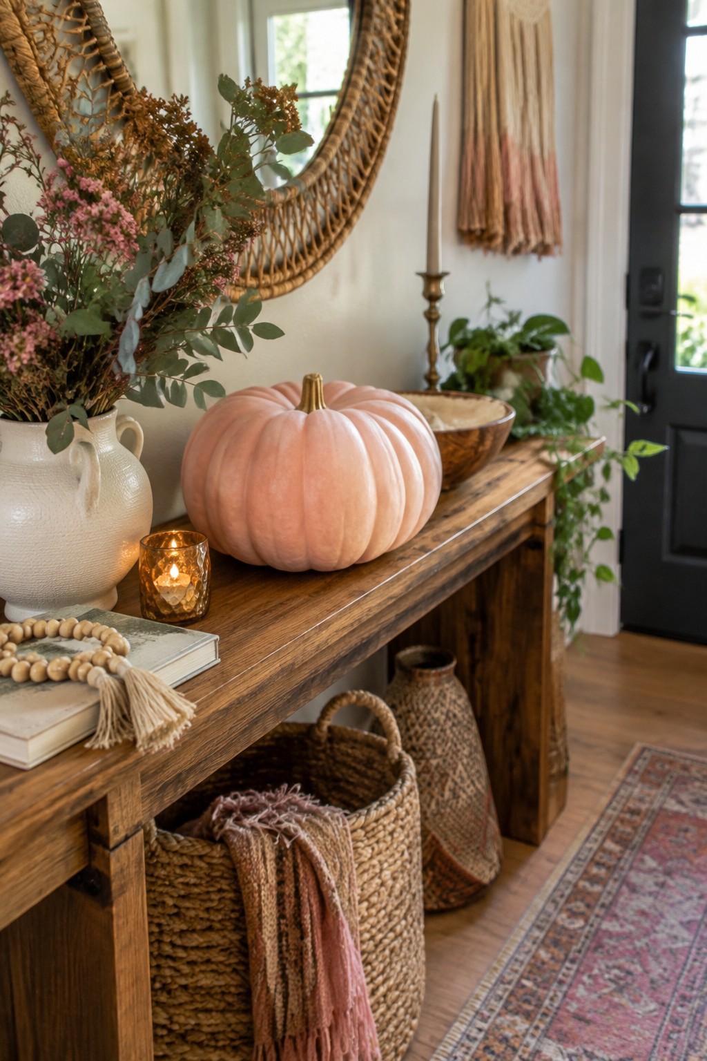 Pink pumpkin centered on a wooden console table in an entryway with a round mirror above and autumn accents nearby.