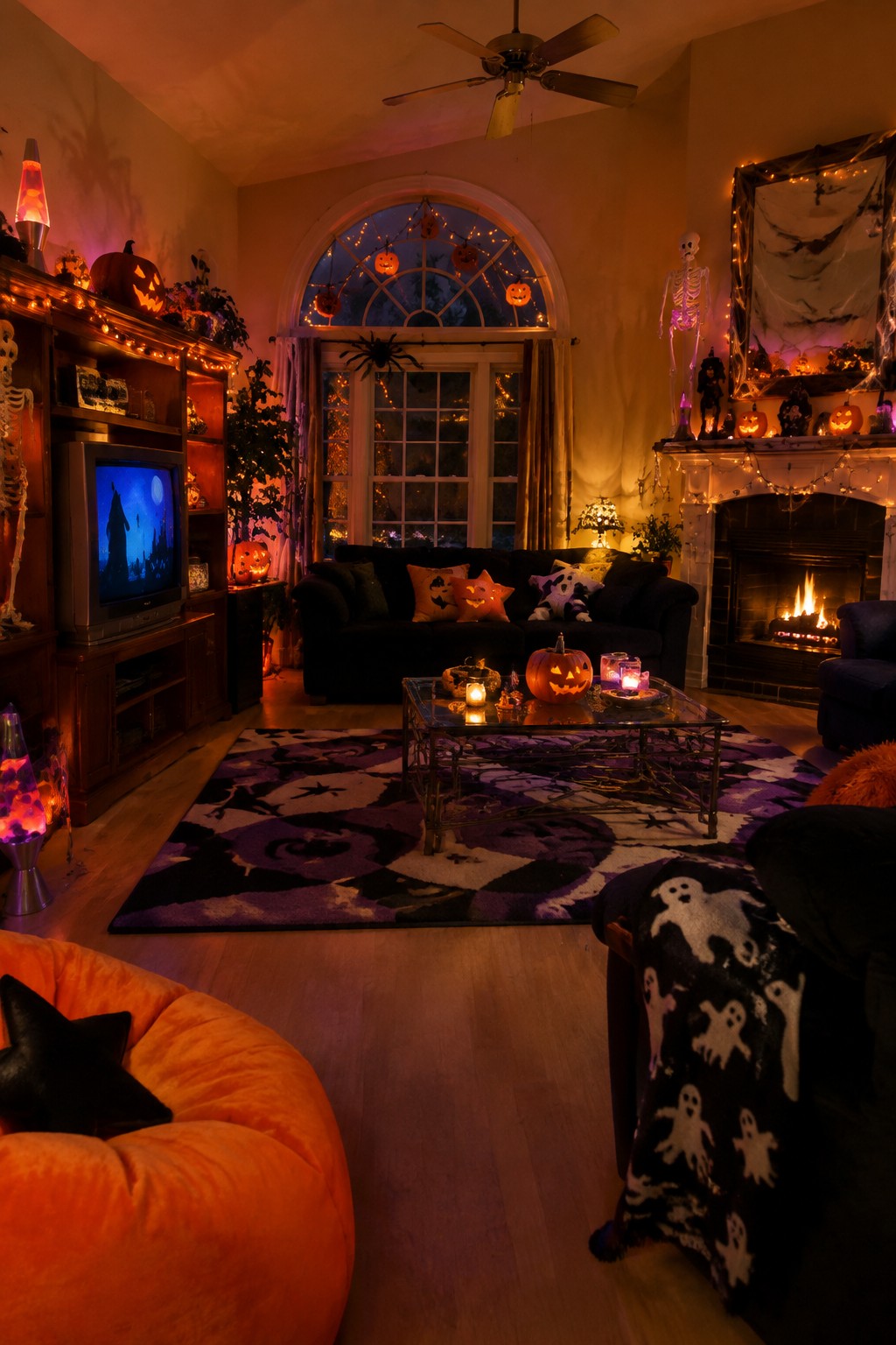 Living room fireplace mantel styled with a standing skeleton, string lights, pumpkins, and cobwebs for Halloween.