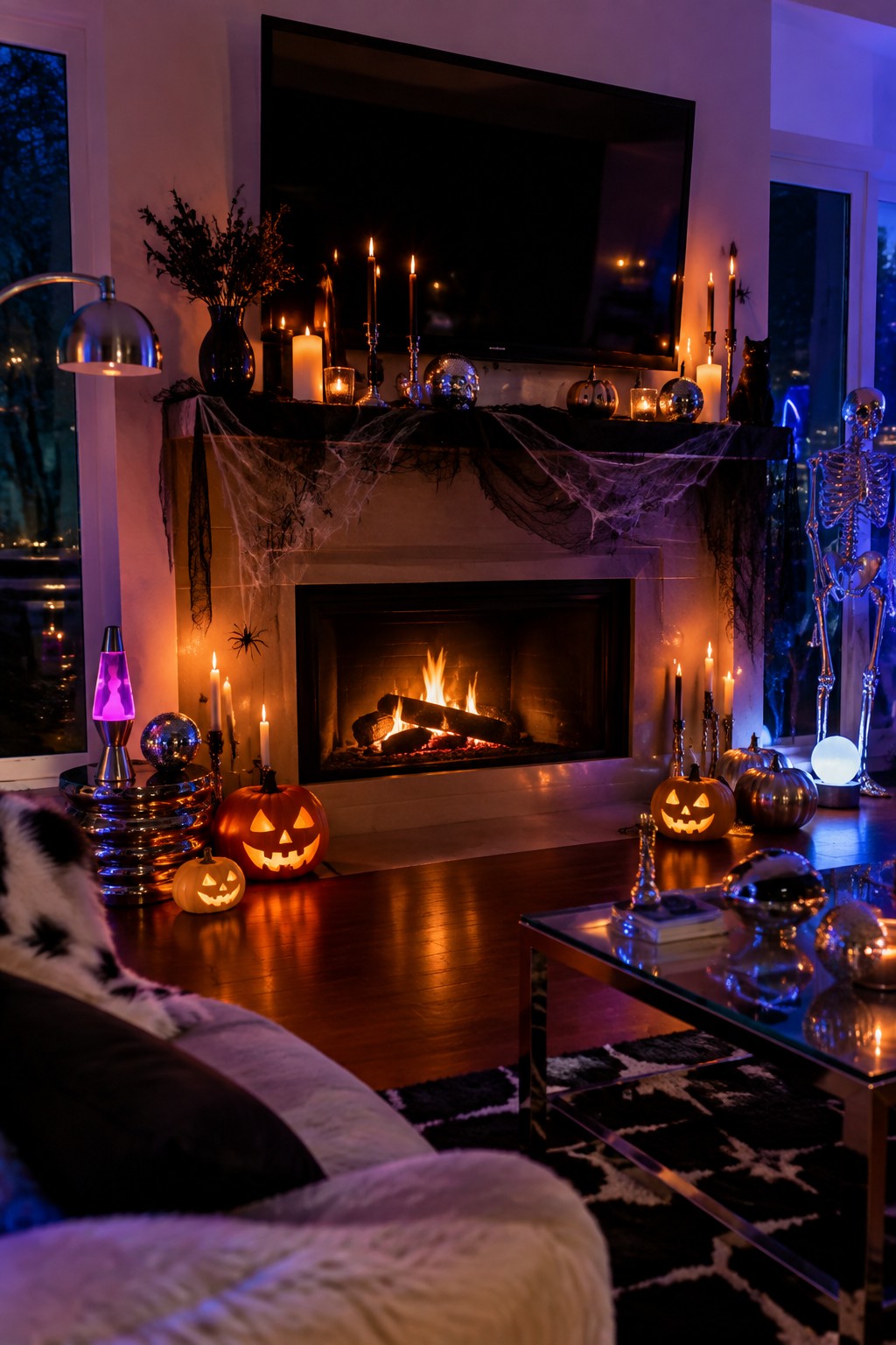 Living room fireplace with black spiderwebs stretched across the mantel, lit black candles, silver pumpkins, and carved jack o lanterns on the hearth.