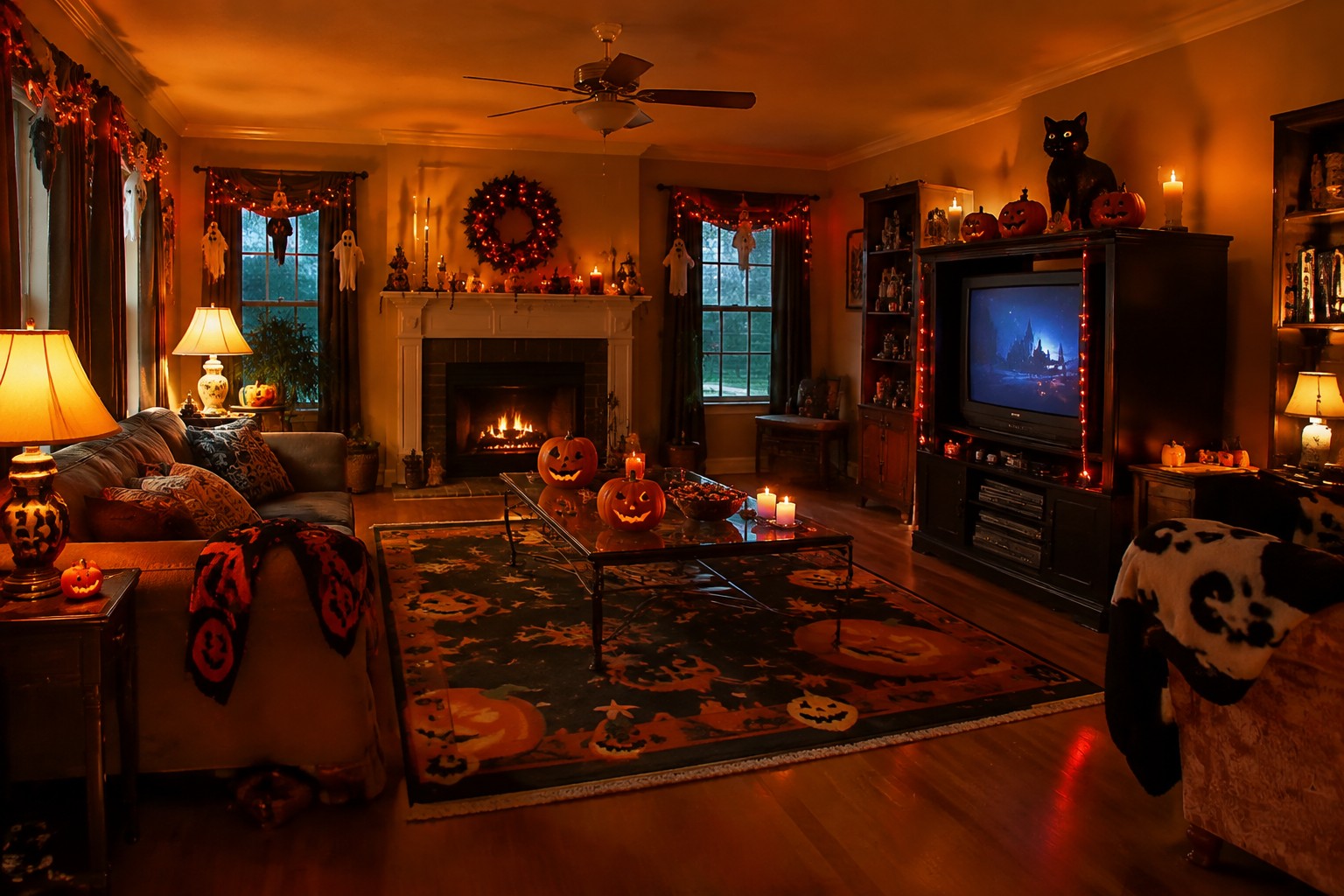 Living room fireplace mantel styled with a standing skeleton, string lights, pumpkins, and cobwebs for Halloween.