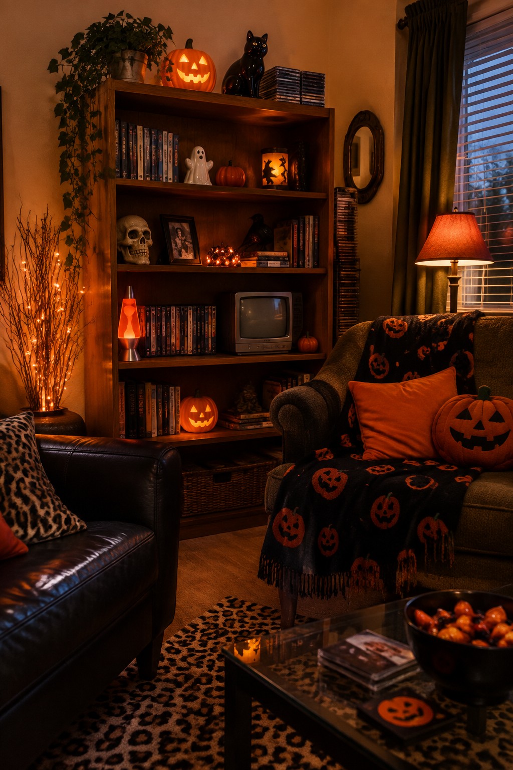 Living room bookshelves filled with books, DVDs, a vintage CRT television, and multiple lit jack o' lanterns along with a skull and ghost figurine.