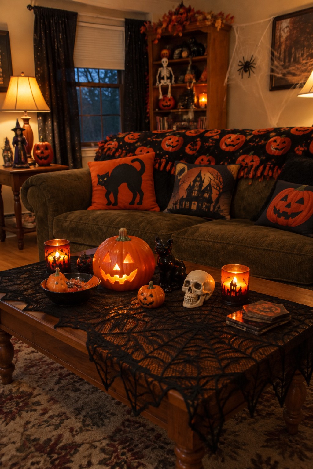 Living room coffee table decorated with a large carved jack-o'-lantern, smaller pumpkins, a skull, black cat figures, and lit candles on a spiderweb runner.