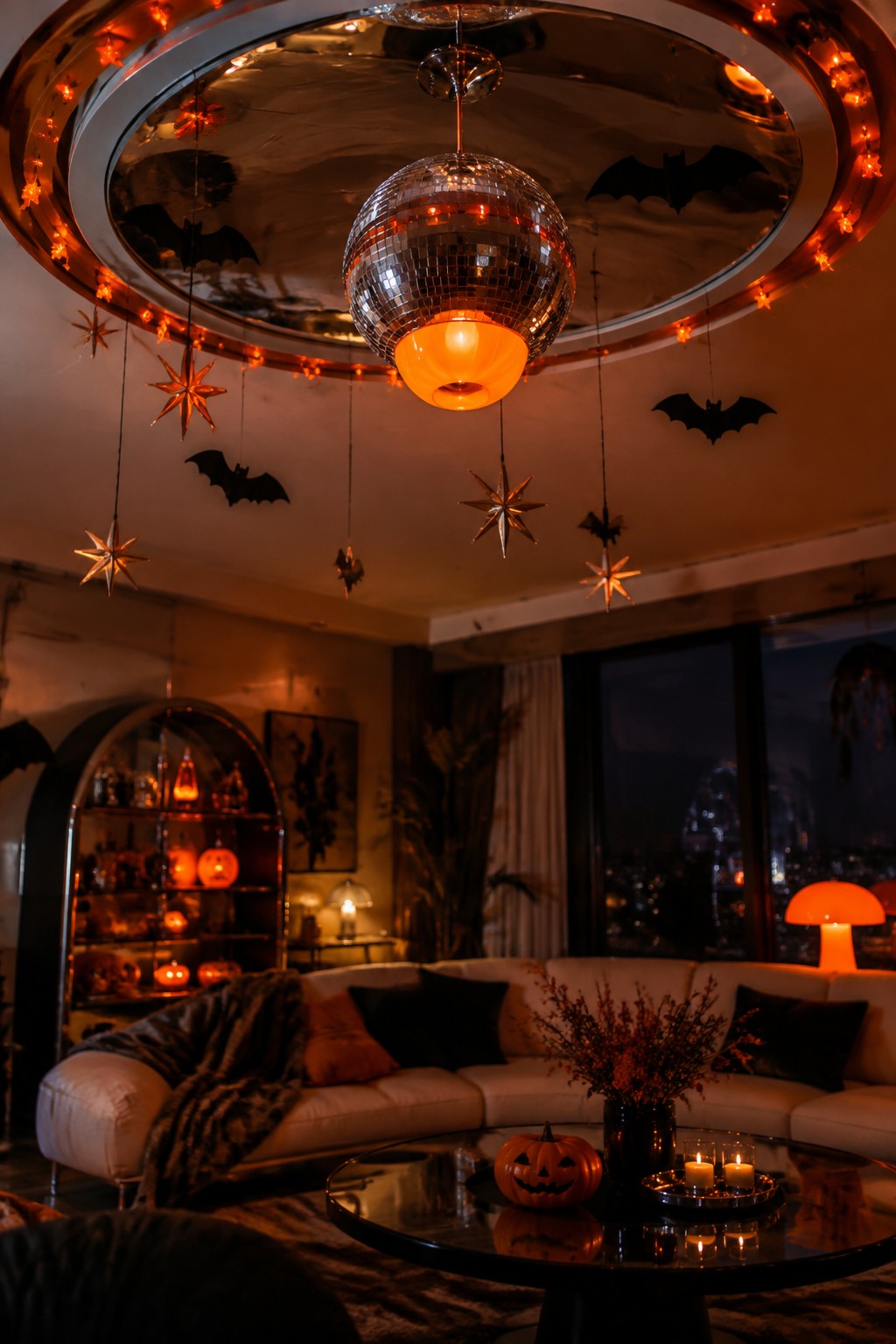 Living room with multiple black paper bats hanging from the ceiling around a mirrored disco ball and string lights.