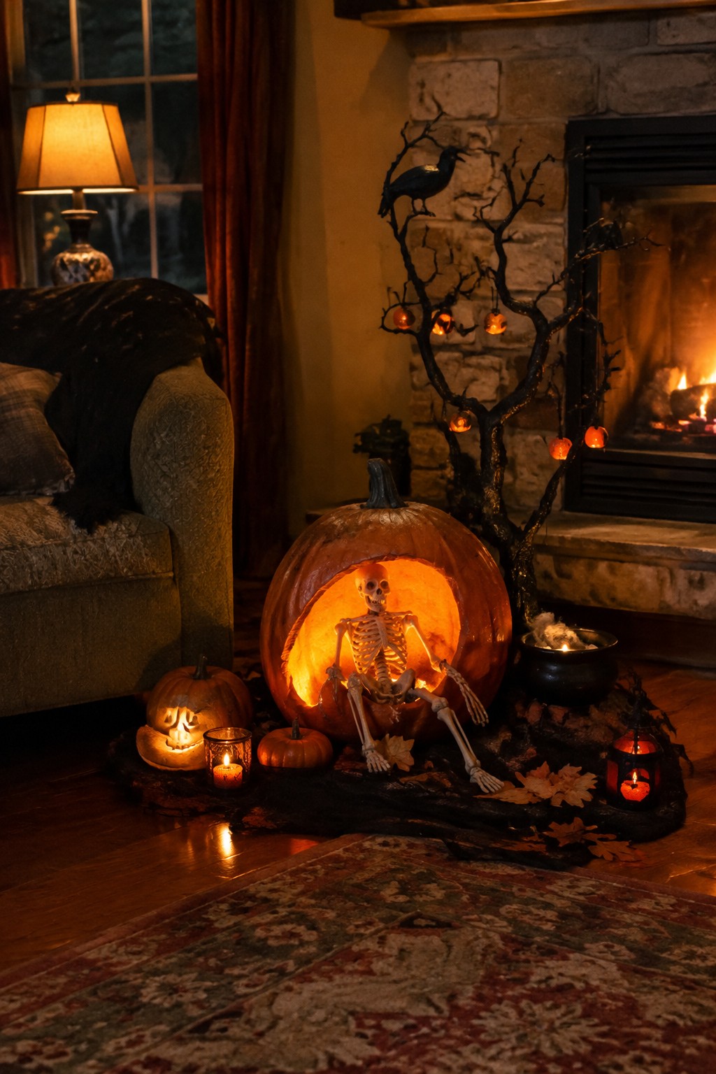 Glowing skeleton inside large carved pumpkin amid candles, leaves, and fireplace decor.