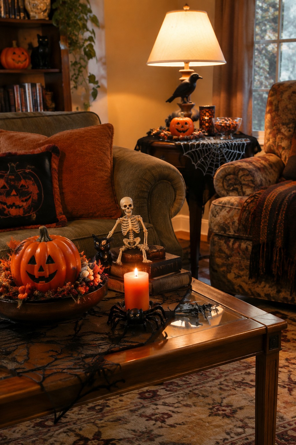 Cozy Halloween living room with carved pumpkins, skeleton, lit candle, and spider decor.