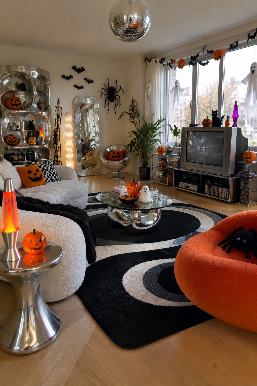 Living room with black bats and a large spider on the wall, pumpkins on furniture, hanging ghosts near the window, and a disco ball overhead.