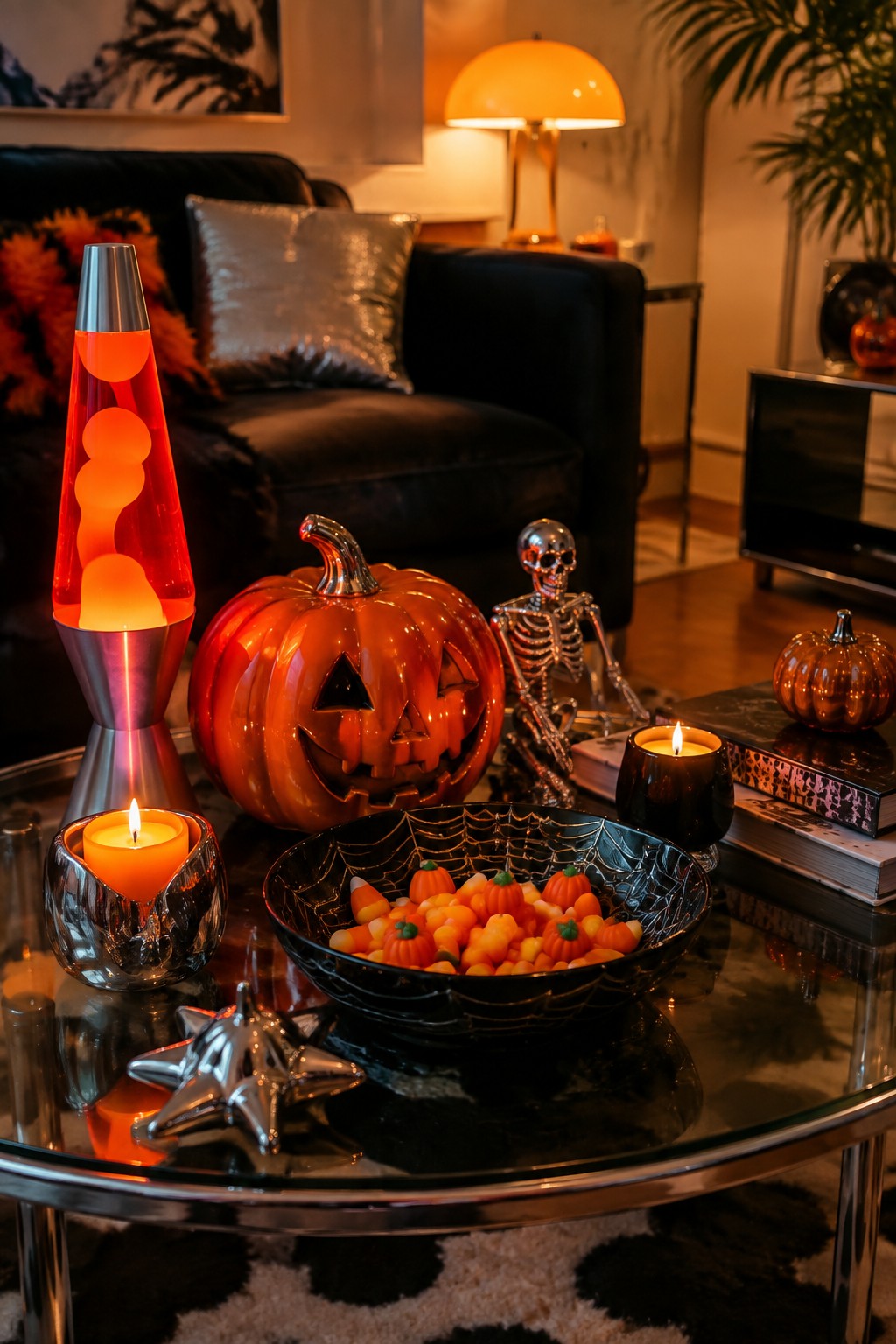 Living room coffee table featuring a red lava lamp, large metallic jack-o'-lantern, chrome skeleton figure, and black bowl filled with candy pumpkins.