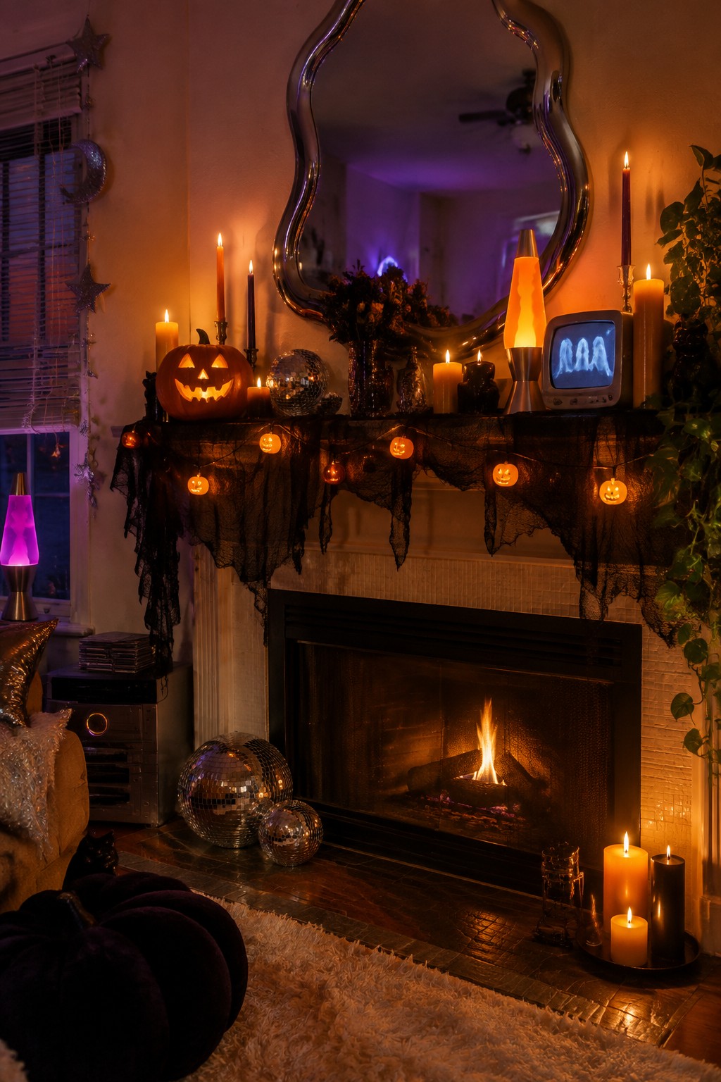 A Halloween-decorated fireplace mantel with a small retro TV showing three white ghosts, pumpkin string lights, a carved jack-o-lantern, candles, and a lava lamp.
