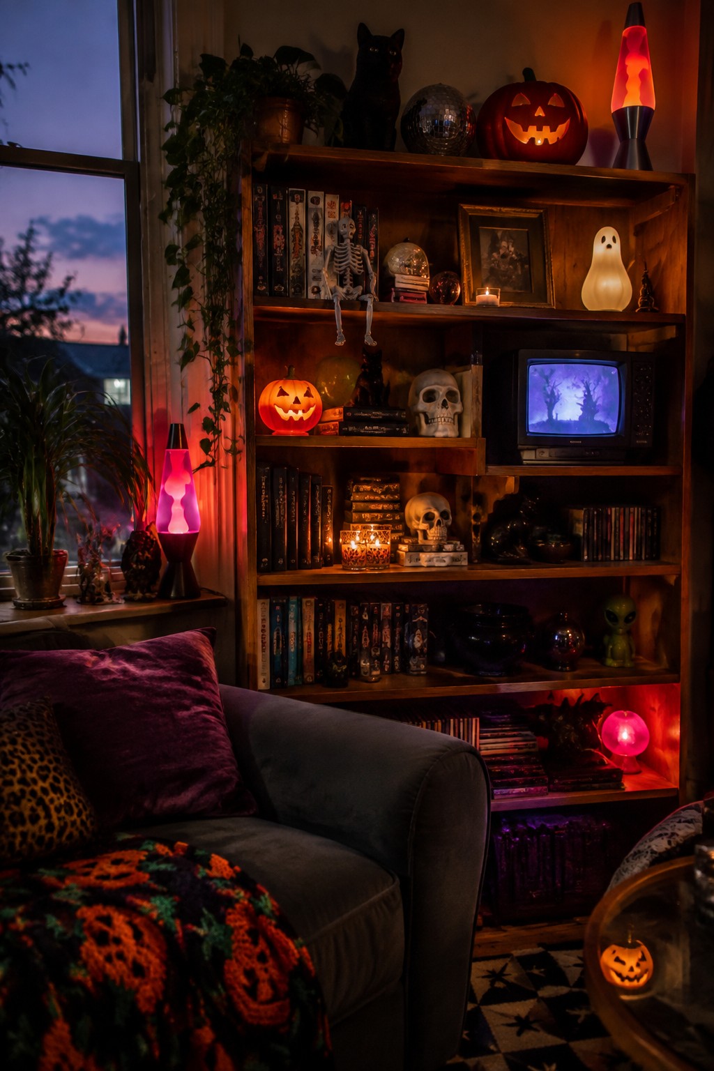 Wooden living room bookshelf styled with Halloween items including skeletons, skulls, jack-o'-lanterns, a glowing ghost light, and a vintage television displaying a spooky forest scene.