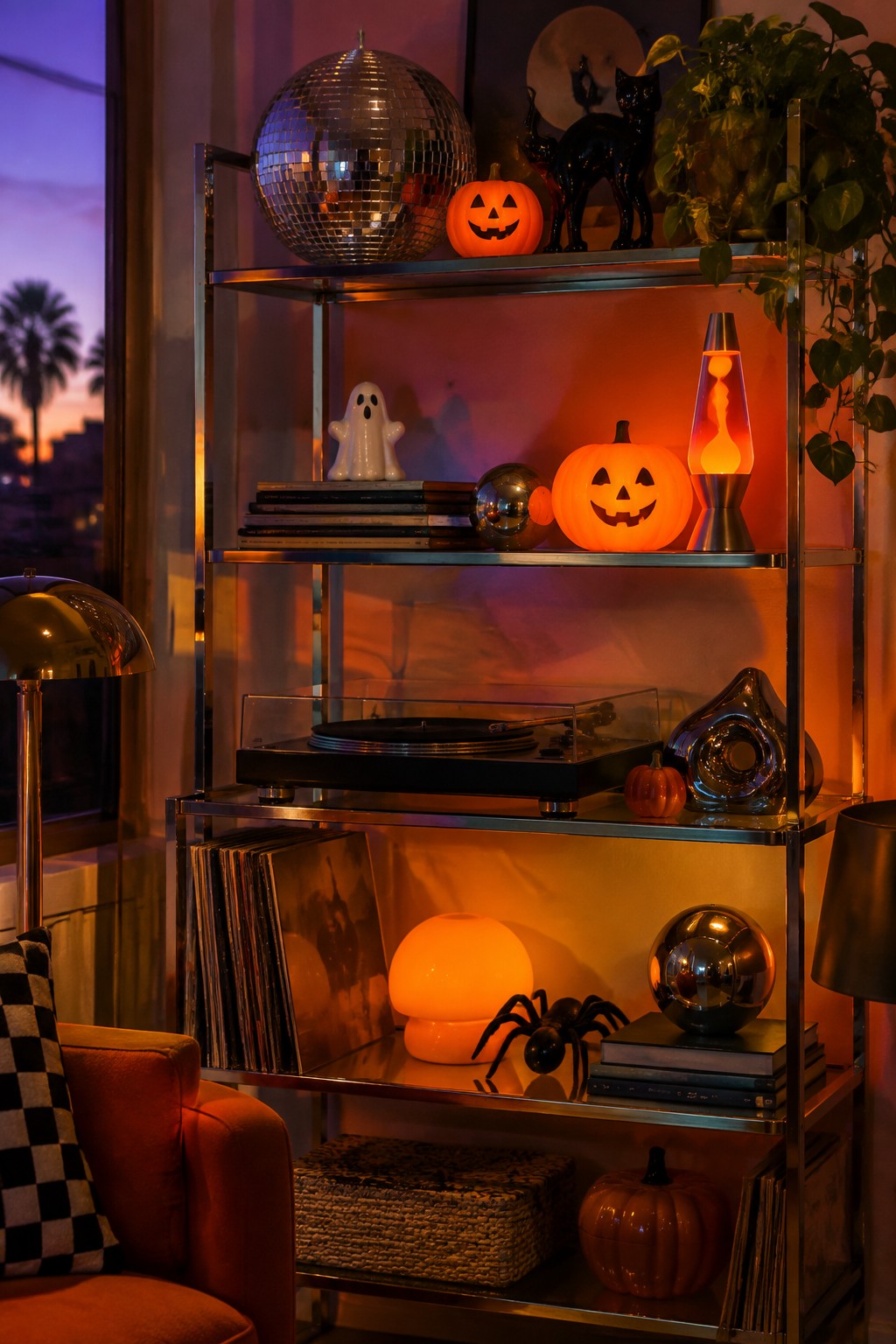 Open chrome shelving unit in a living room styled with multiple glowing jack o lanterns, a disco ball, lava lamp, ghost figurine, spider, and vinyl records.