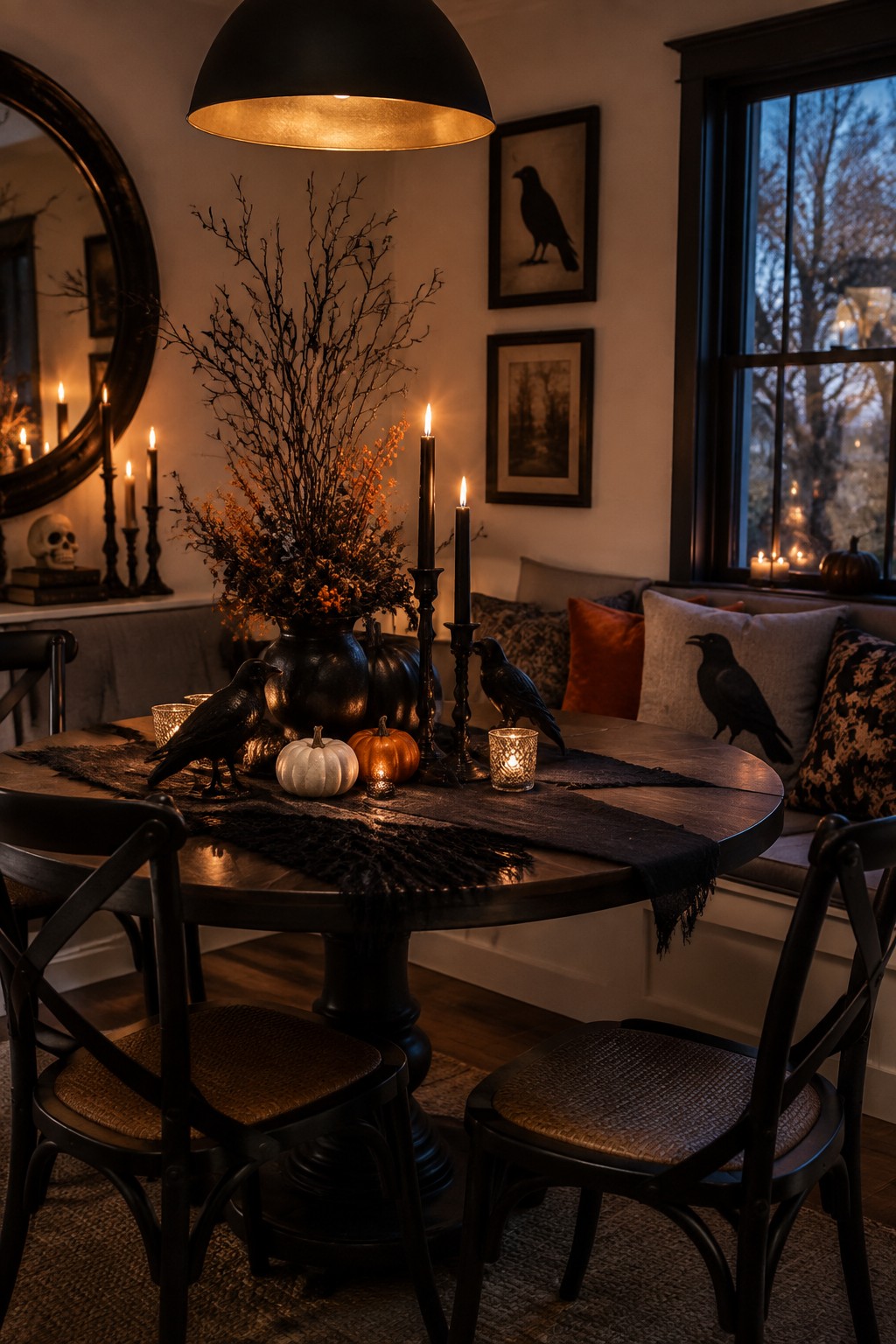 Round wooden dining table with a tall black branch centerpiece, two crow figures, small pumpkins, and black candles in a dimly lit dining room.