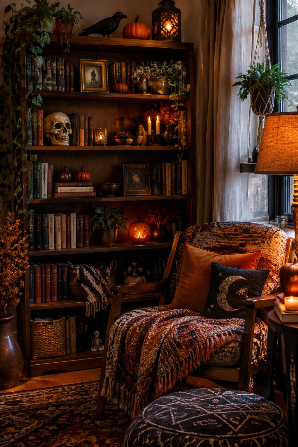 Wooden living room bookshelf styled with a skull, carved jack o lanterns, candles, and books for Halloween.