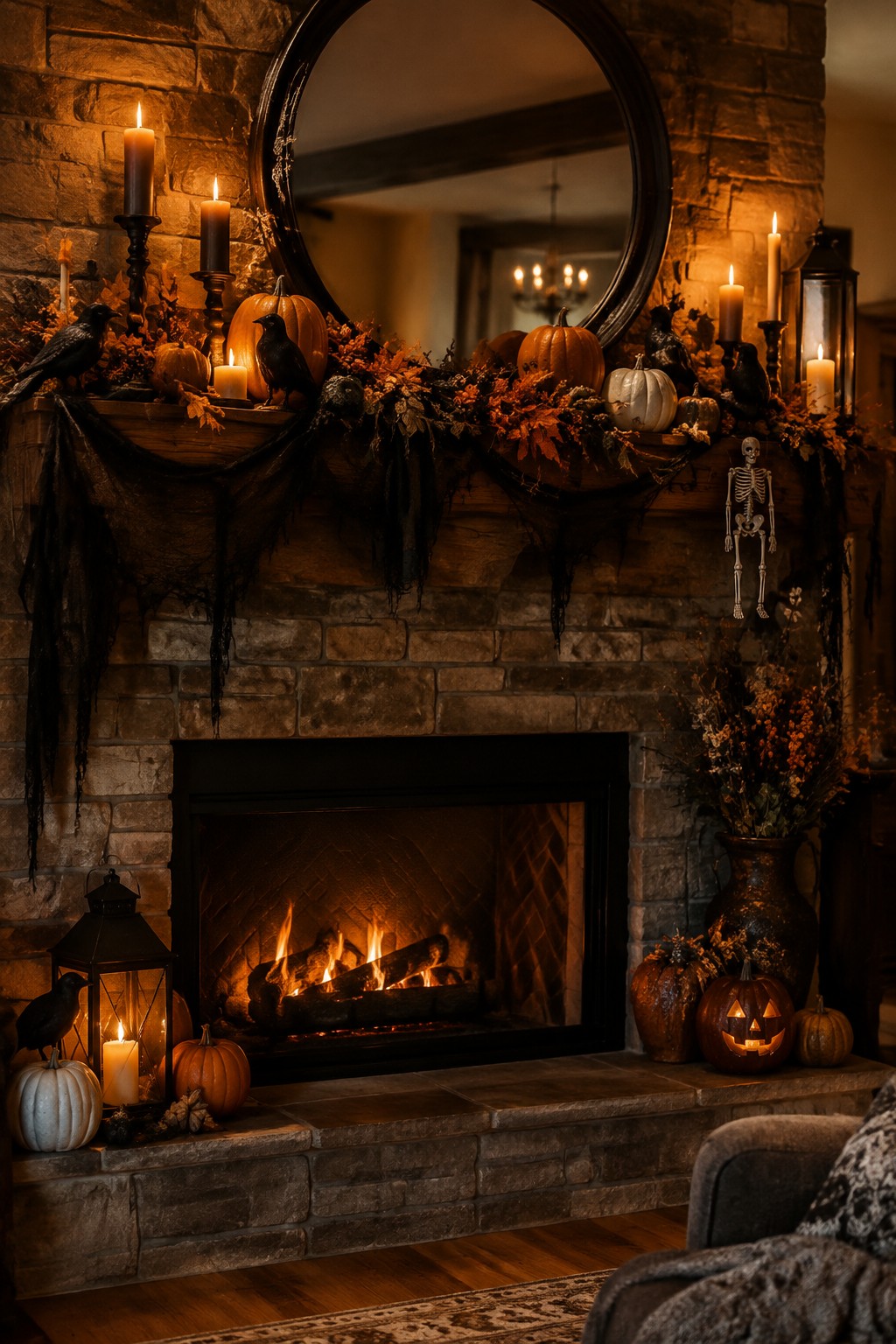 Stone fireplace with pumpkins, crows, candles, skeleton, autumn garland, and burning fire