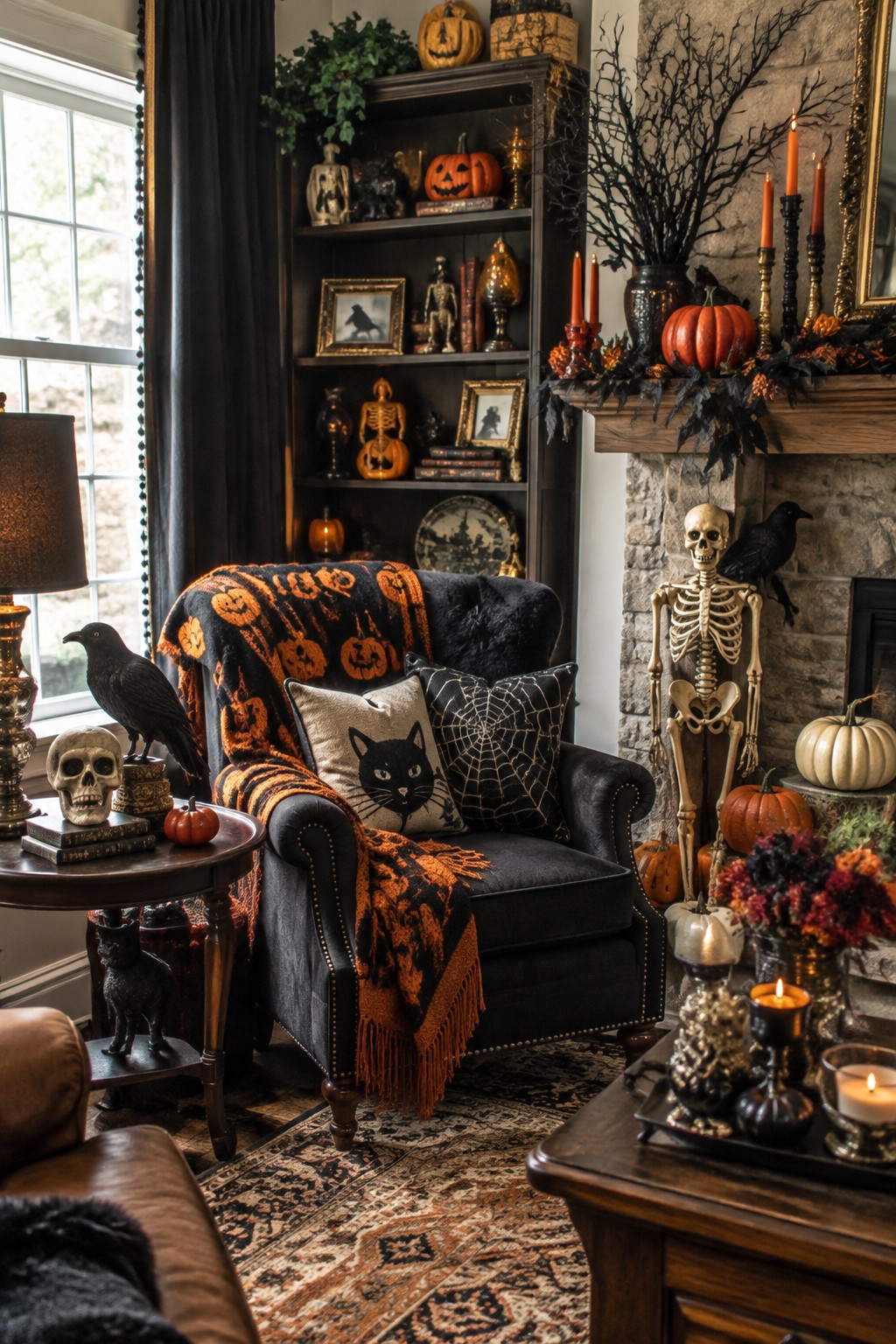 Living room fireplace mantel decorated with a skeleton, black branches, orange candles, and pumpkins.