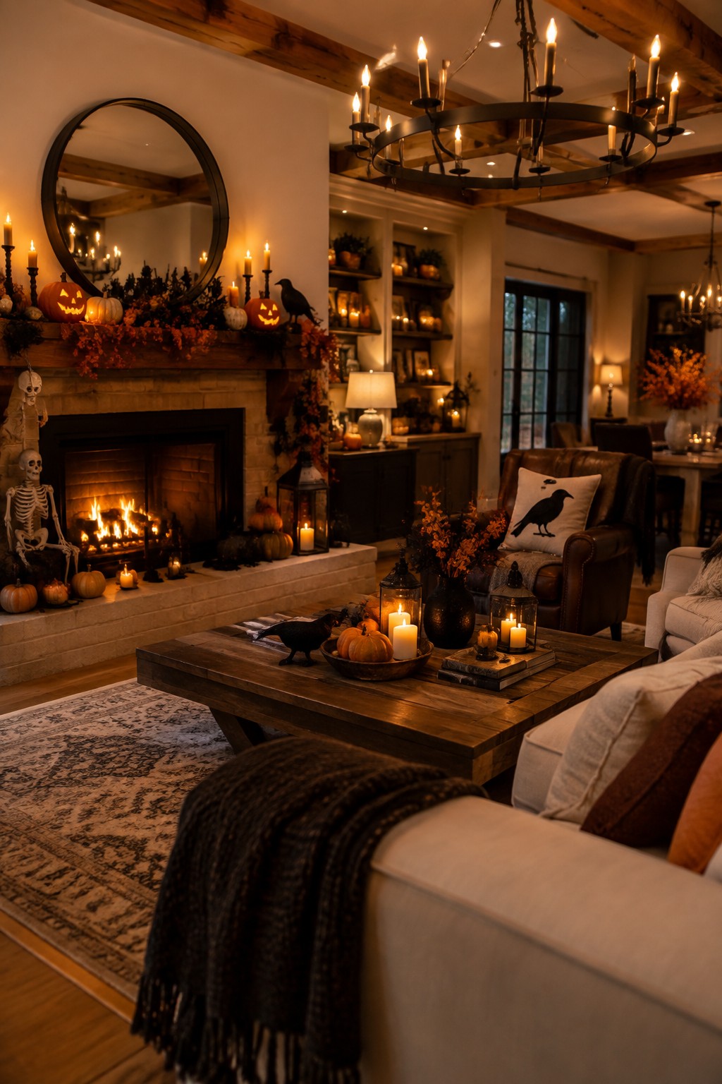 Living room fireplace with a Halloween mantel display of jack o' lanterns, black crows, candles, and garland.