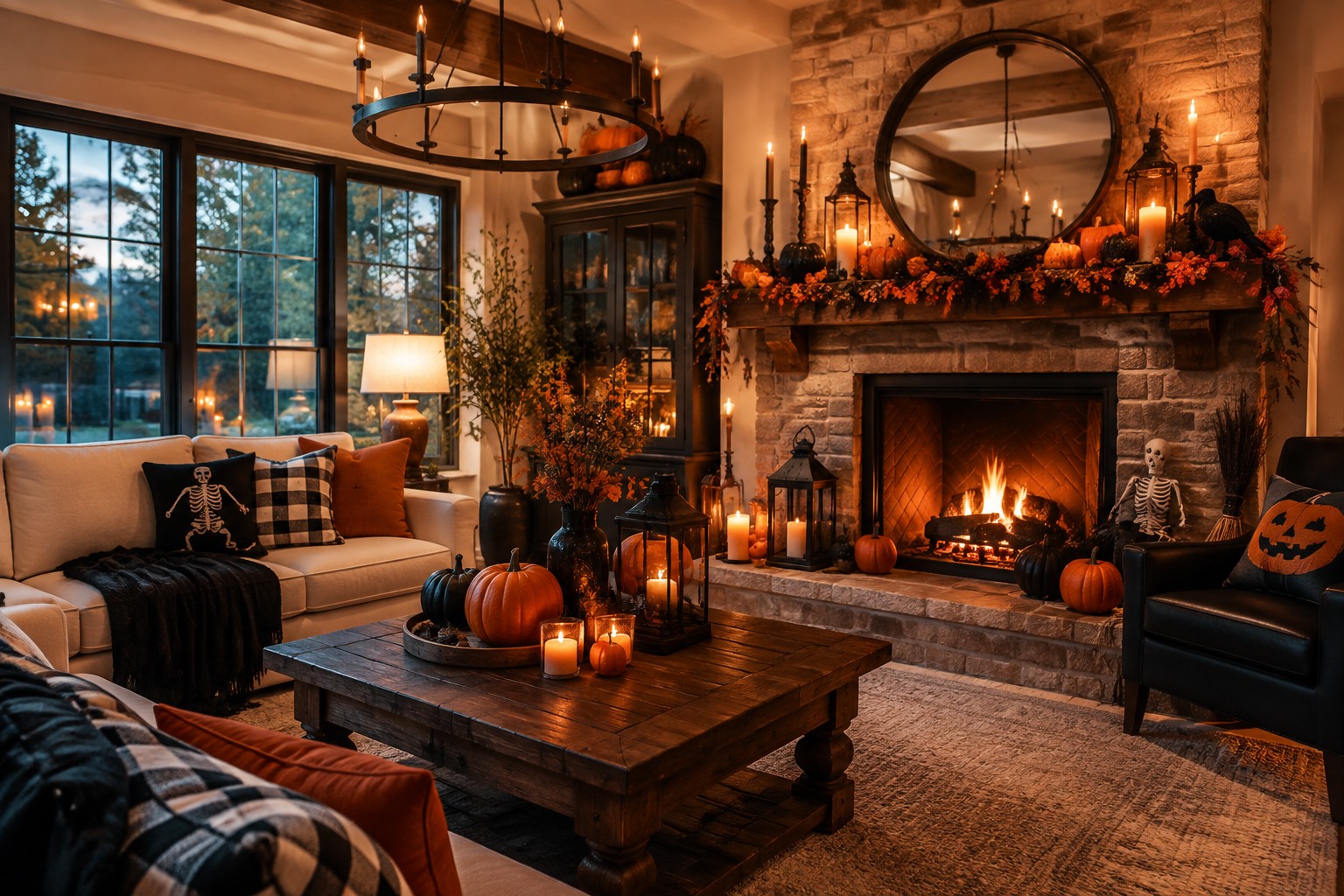 Living room fireplace with a Halloween mantel display of jack o' lanterns, black crows, candles, and garland.