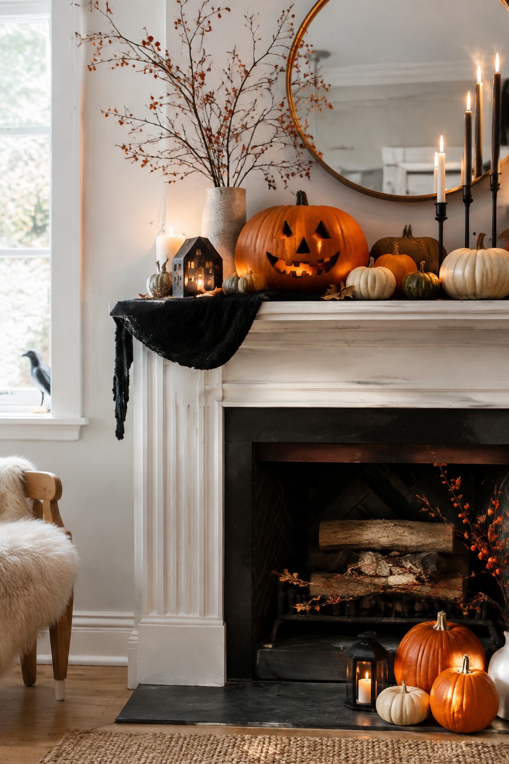 White marble mantel with glowing jack-o'-lantern, pumpkins, lit candles, and autumn branches.