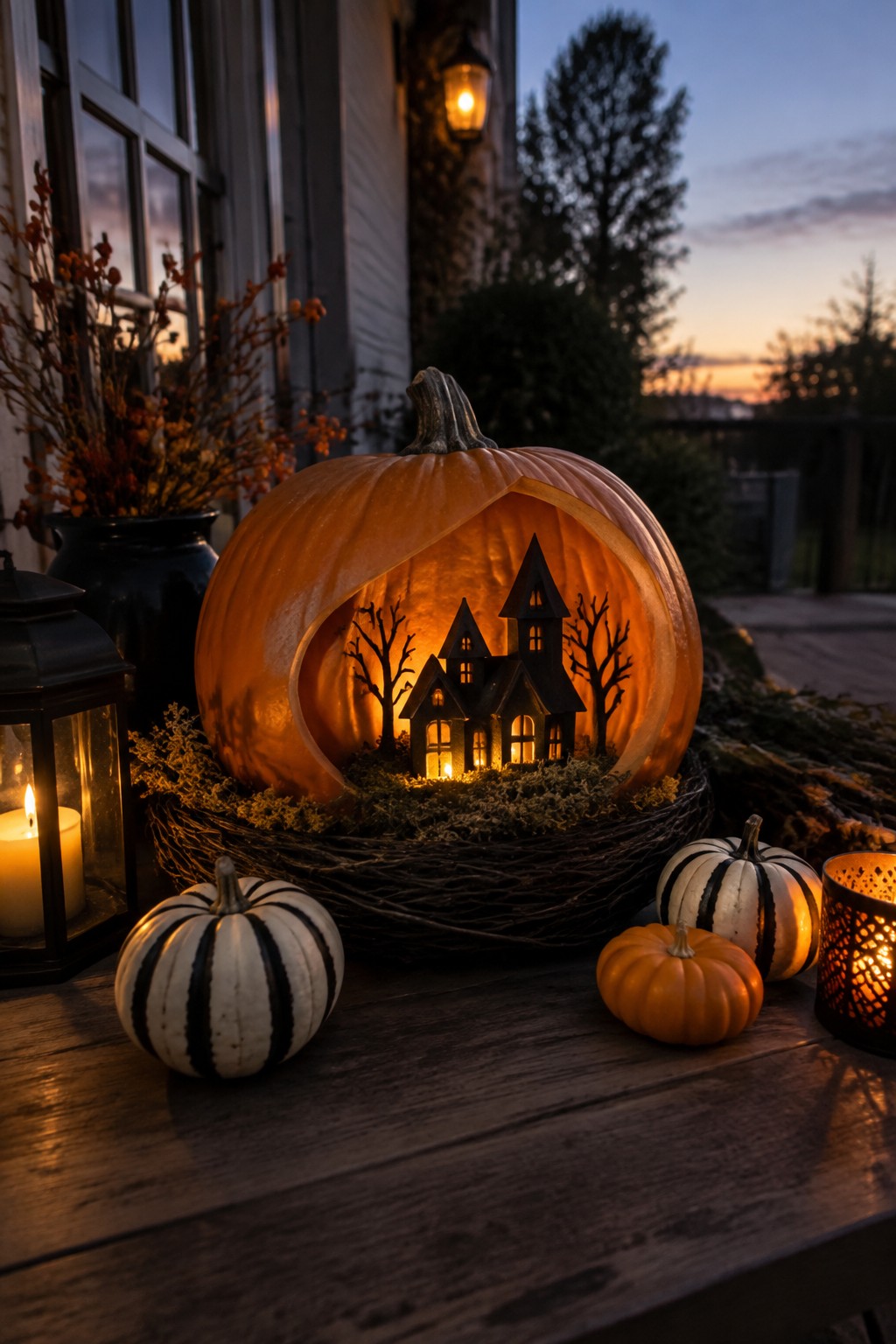 Large carved pumpkin with an internal haunted house scene lit from within, placed among smaller pumpkins and candles on a wooden porch surface.