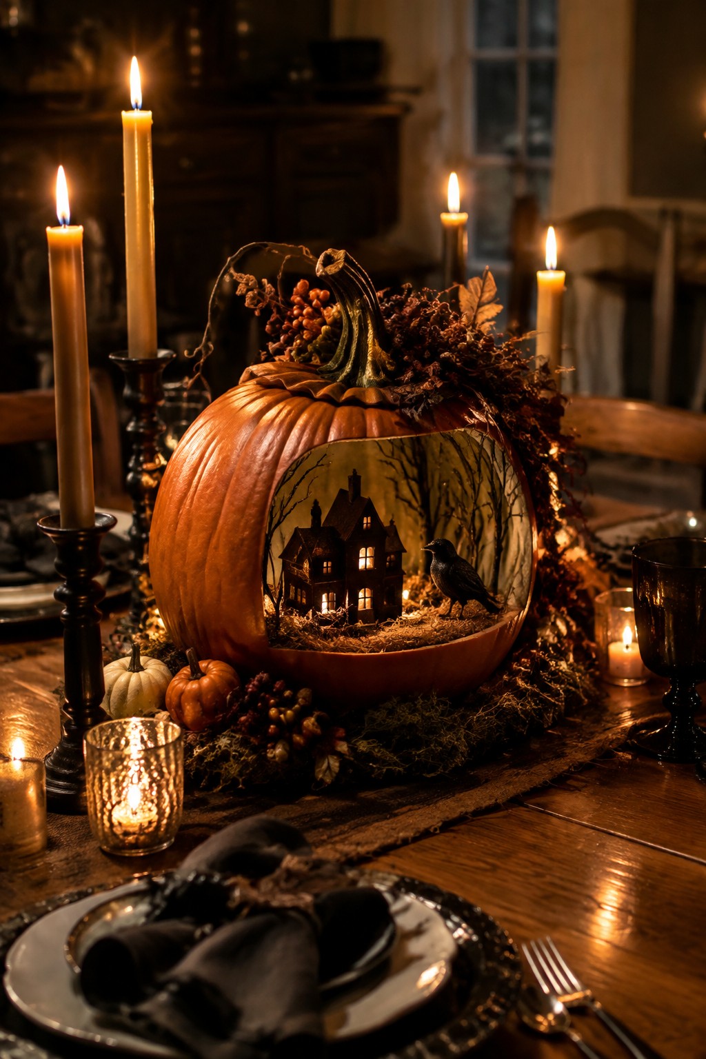 Large orange pumpkin on a wooden dining table with a cut opening revealing a miniature lit haunted house, black bird, and trees inside, surrounded by candles and autumn foliage.